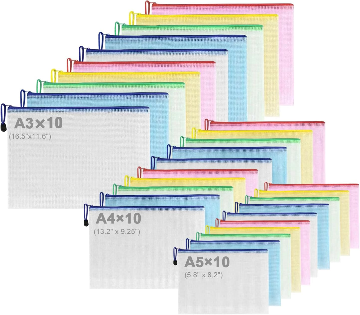 30 Pack Mesh Zipper Pouch, Waterproof Document Bag, Zip File Folders, A3|A4|A5 Size, 5 Colors image number 2