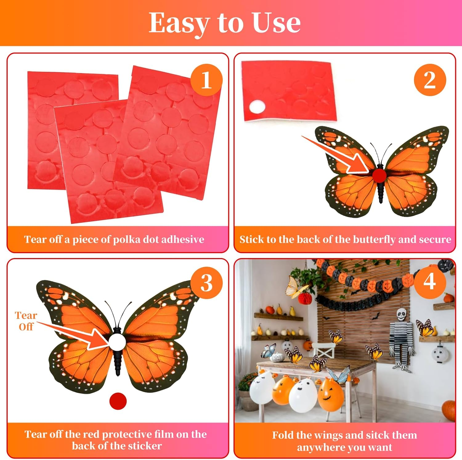 36 Pcs Monarch Butterfly Decoration，5 Size Artificial Fake Butterflies for Dia De Los Muertos Decorations，Day of the Dead Decorations，Ofrenda Decoration for Fall Autumn，Halloween，Party，Wall Decor image number 3