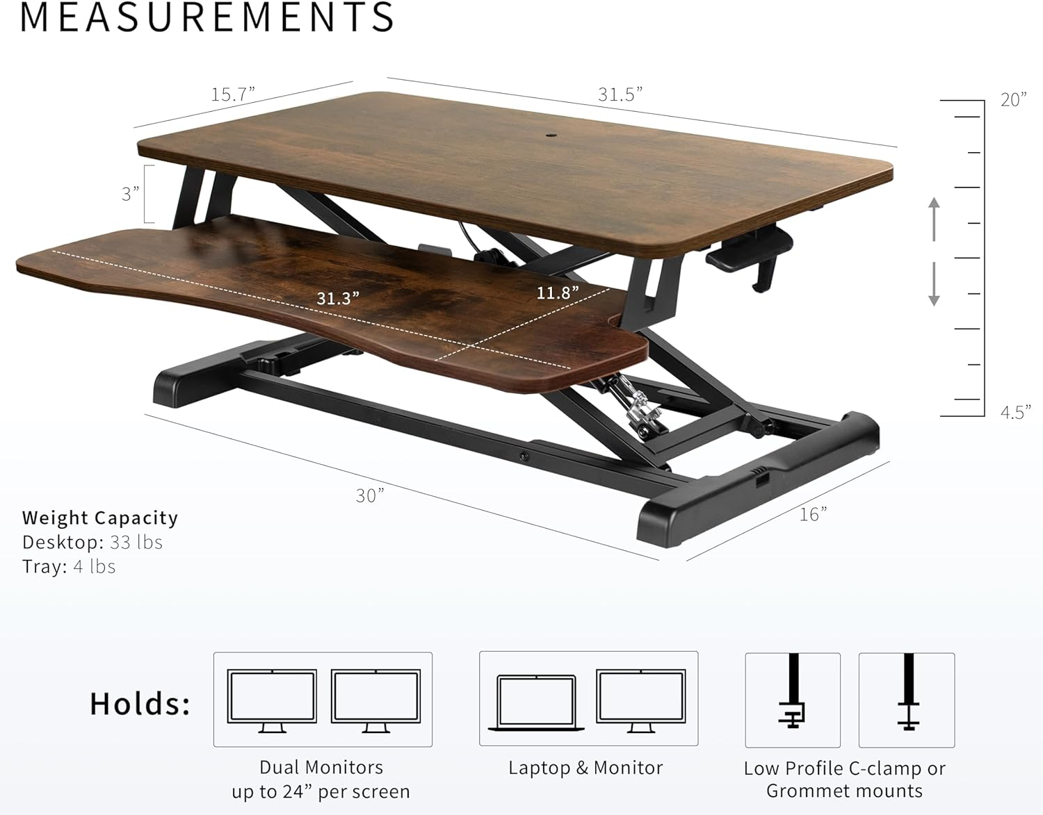VIVO 81Cm Desk Converter, K Series, Height Adjustable Sit to Stand Riser, Dual Monitor and Laptop Workstation with Wide Keyboard Tray, Rustic Vintage Brown Top, Black Frame, DESK-V000KN - Gray image number 6