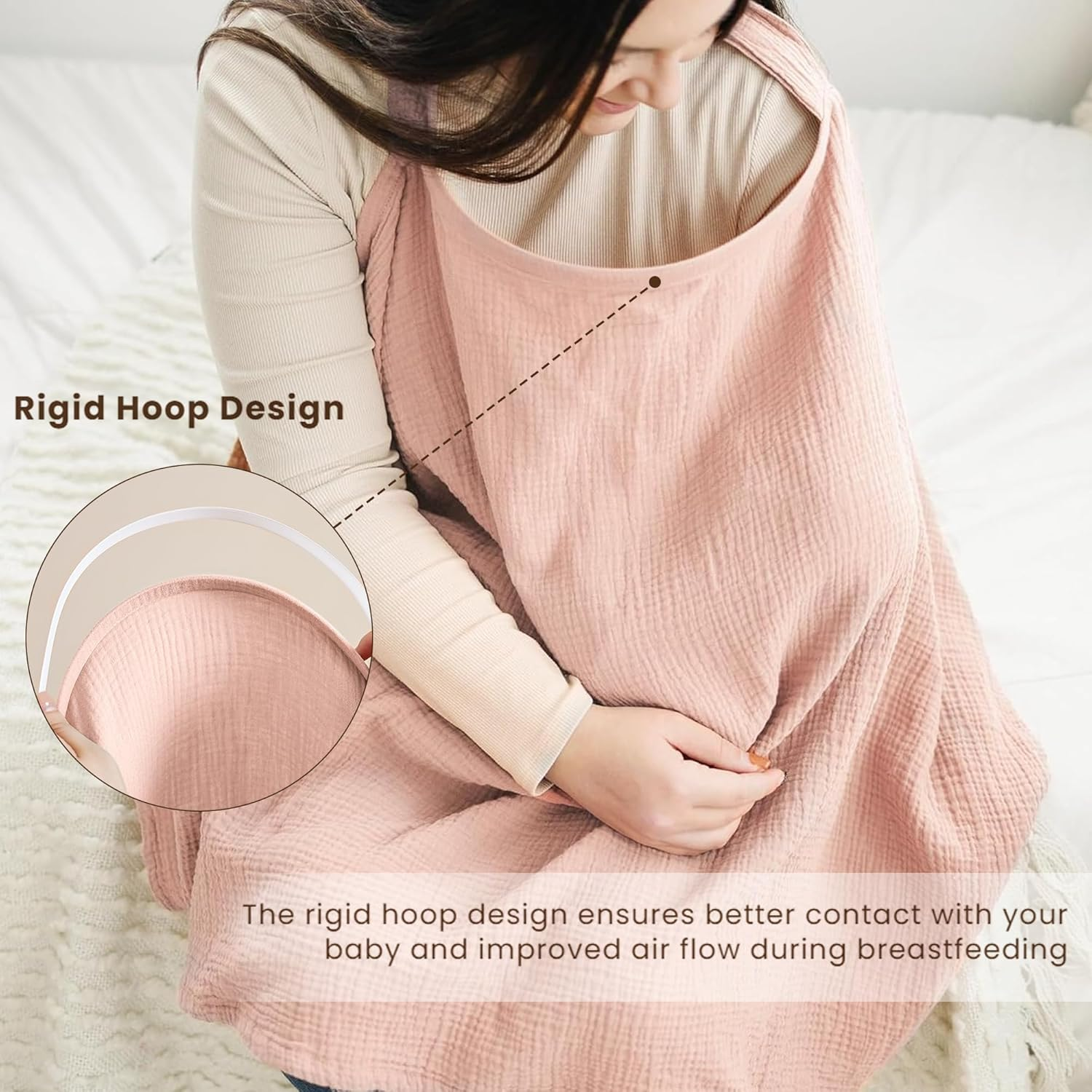 Konssy Muslin Nursing Cover for Baby Breastfeeding, Breathable 100% Cotton Breastfeeding Cover with Rigid Hoop for Mother Nursing Apron, Multi-Use Carseat Canopy - Blossom image number 5