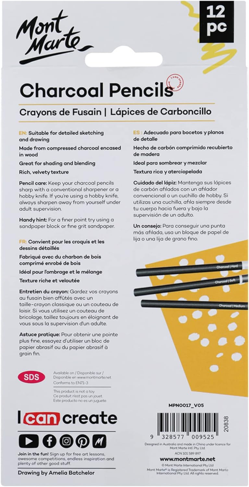 Mont Marte Signature Charcoal Pencils 12 Pieces Set