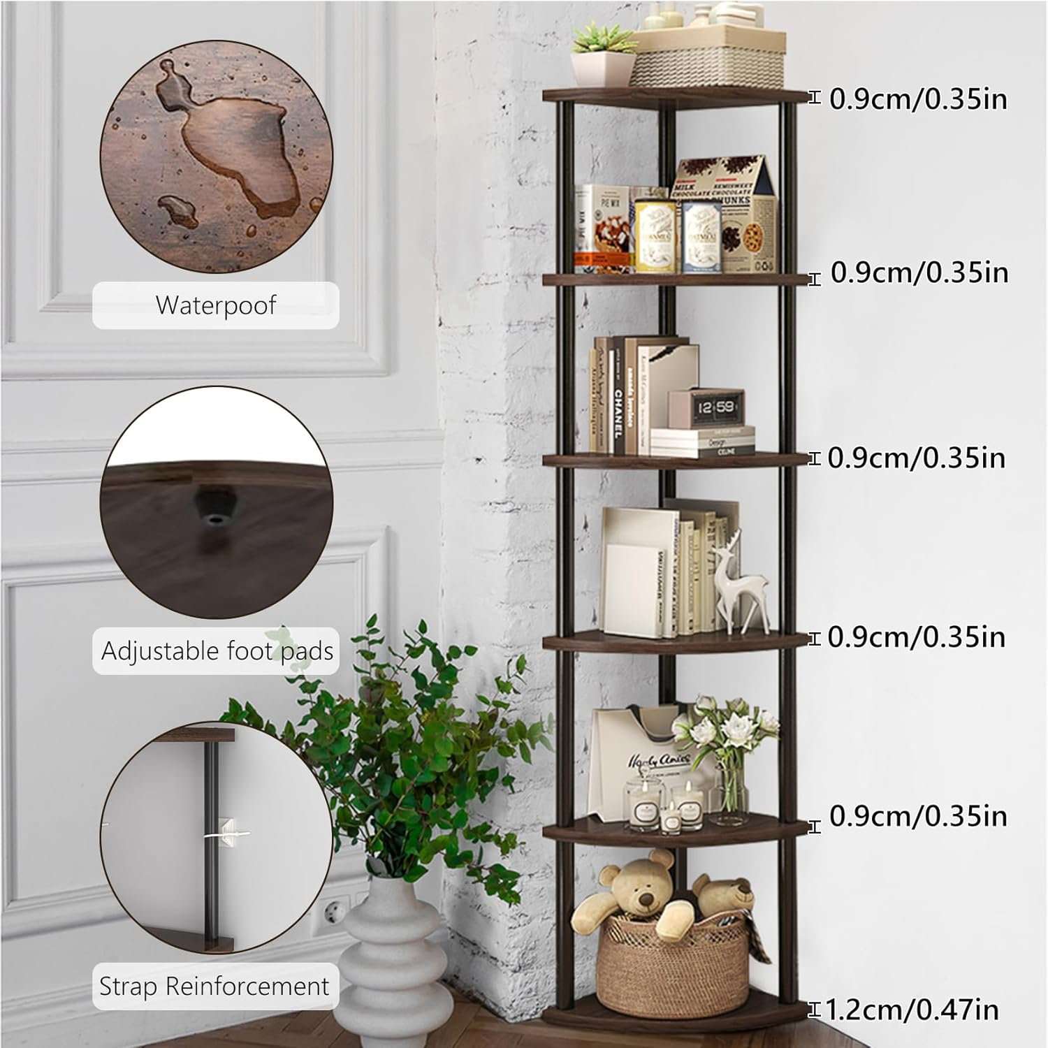 Corner Bookshelf, Storage Standing Shelf Unit with Metal Framecorner Shelf Stand, (Walnut, 6 Tier) image number 6