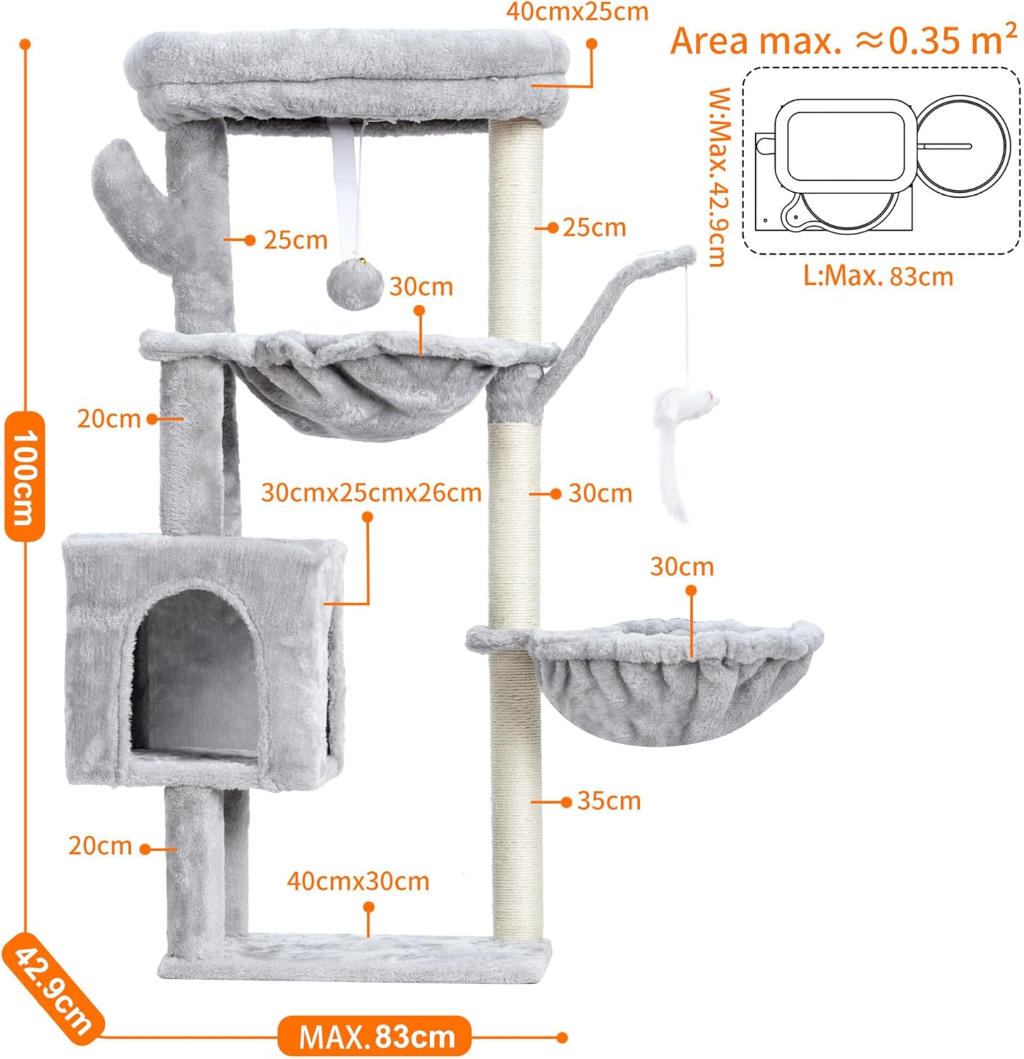 Heybly Cat Tree, 100Cm Cactus Tower Condo with Scratching Post, Cat Tower for Indoor Cats, Fully Wrapped Sisal Pole, Soft Platform, 2 Baskets and Dangling Toy, Light Gray HCT006SW image number 3