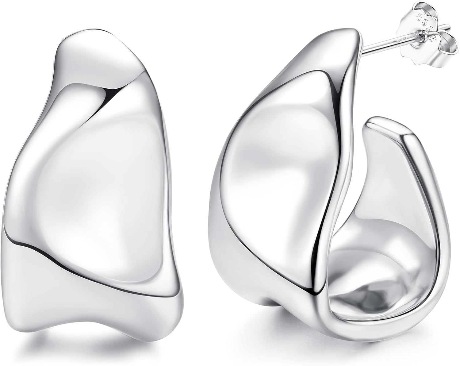 Sanfenly Chunky Gold Earrings for Women - 925 Sterling Silver Hoops, 14K Gold Plated Studs, Hypoallergenic Open Huggie Teardrops, Statement Studs, Metallic Gold Silver Hoops