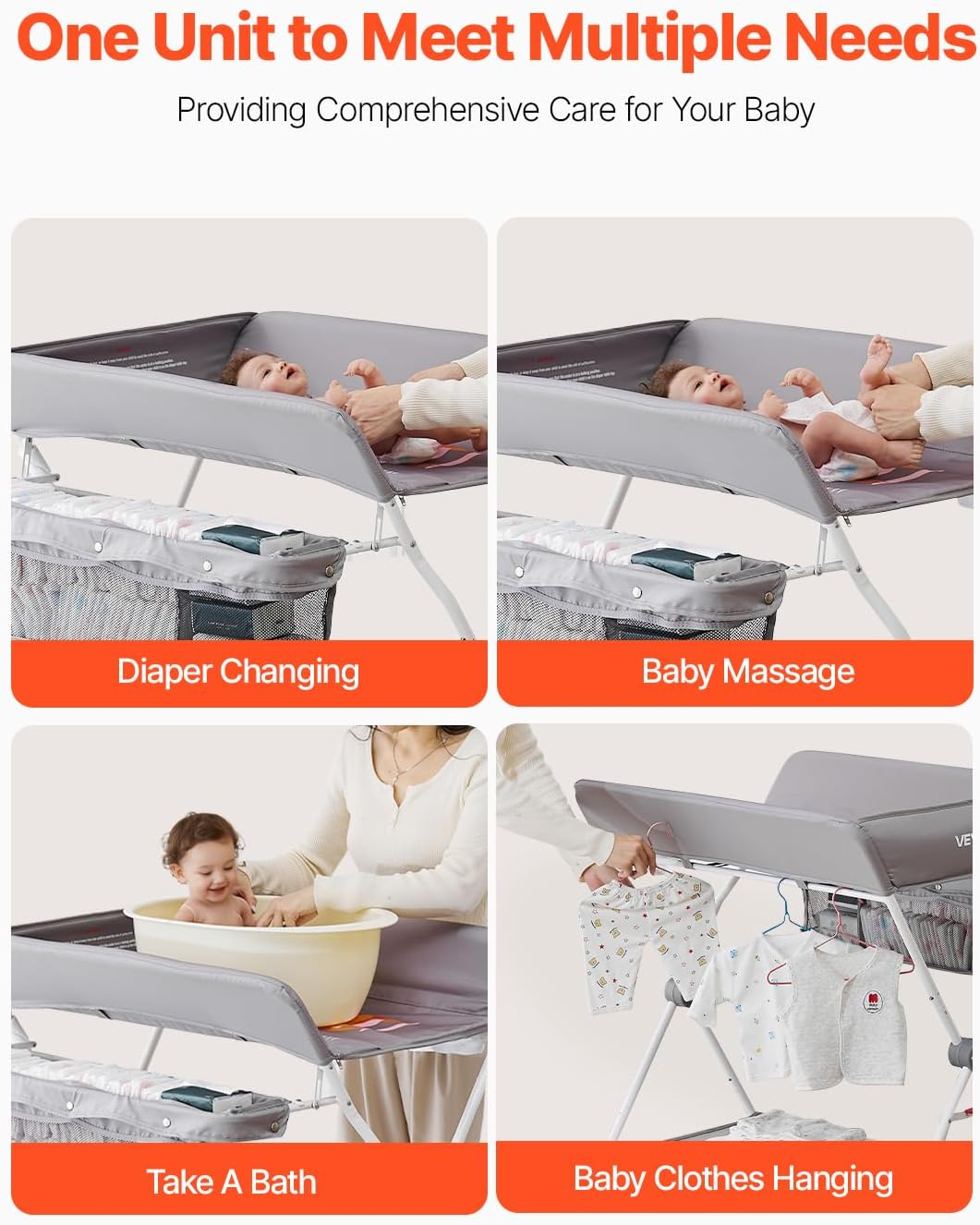VEVOR Baby Changing Table, Foldable Diaper Change Station with Side Basket, Adjustable Height Portable Changing Table with Lockable Wheels, Multi-Functional Storage Organizer Nursery, Light Gray image number 1