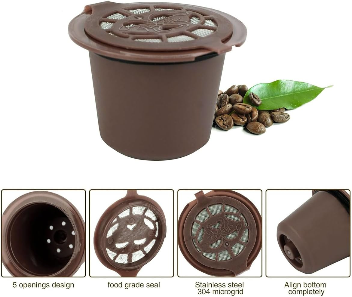 AIMALL 6PCS Reusable Coffee Capsule Pods for Nespresso Machines, Compatible with Nestle Nespresso, Food-Grade PP with 304 Stainless Steel Filter, Includes Spoon & Brush - Brown image number 3
