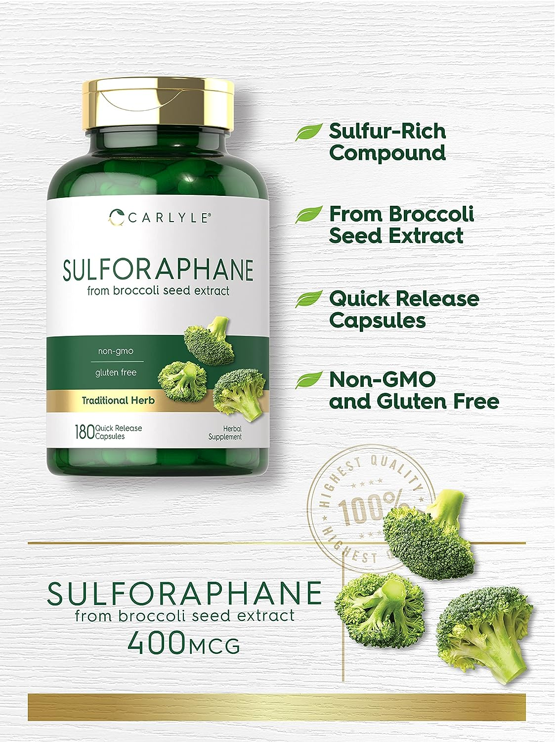 Sulforaphane Supplement | 400Mcg | 180 Capsules | Non-Gmo and Gluten Free Formula | Broccoli Sprout Extract | Traditional Herb | by Carlyle image number 3