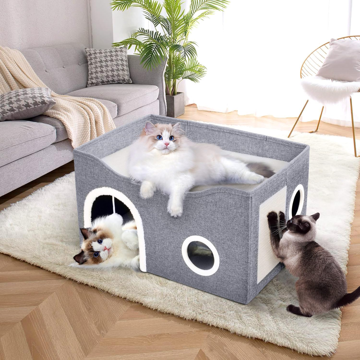 Heeyoo Cat House for Indoor Pets - Large Bed Cave with Fluffy Ball and Scratch Pad, Foldable Condos, Cubes, Hideaway, Covered Bed