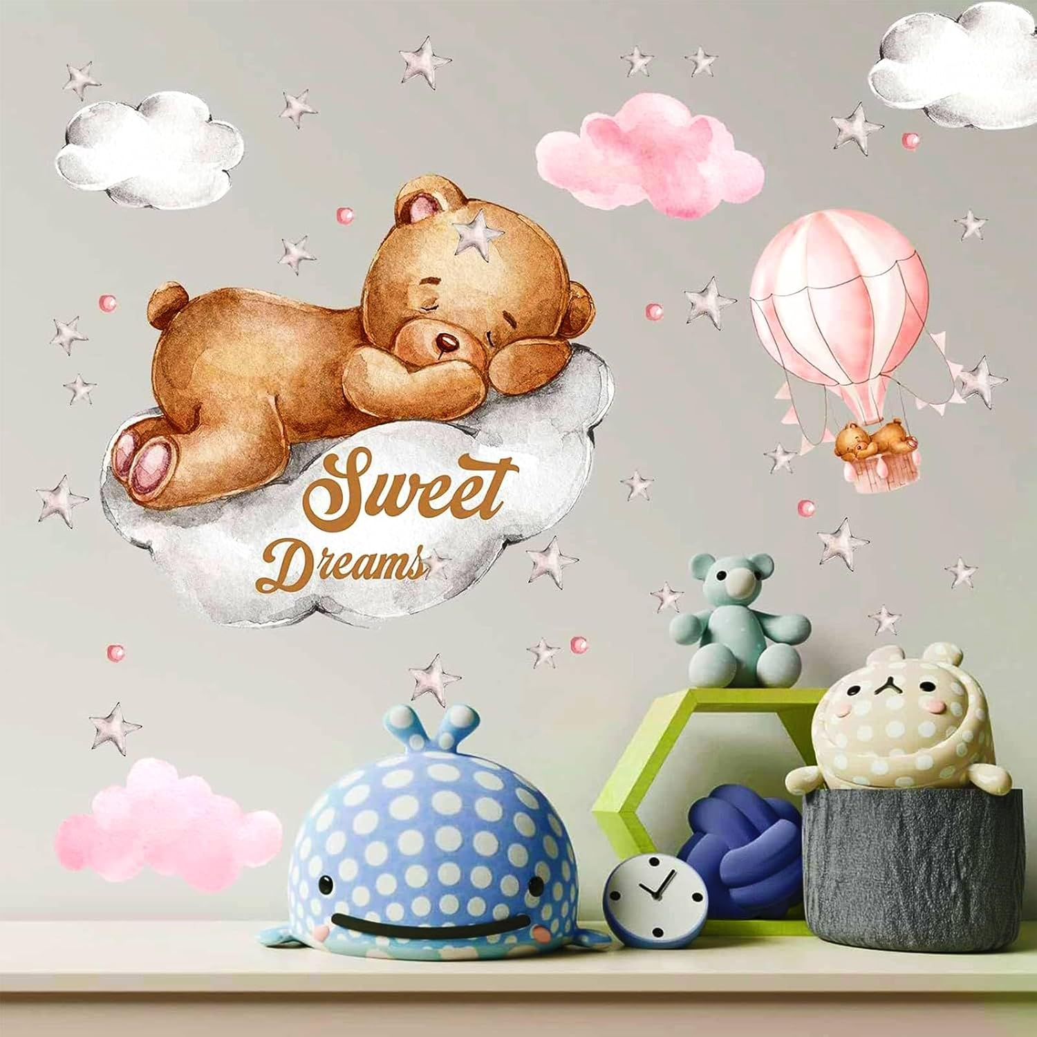 POILKMNI Tedy Bear Sleeping on the Moon and Stars Wall Stickers for Kids Baby Room Decor Sweet Dream Hot Air Balloon Star Nursery Shower Interior Kid Bedroom Playroom Decals (Pink) - Pink image number 4