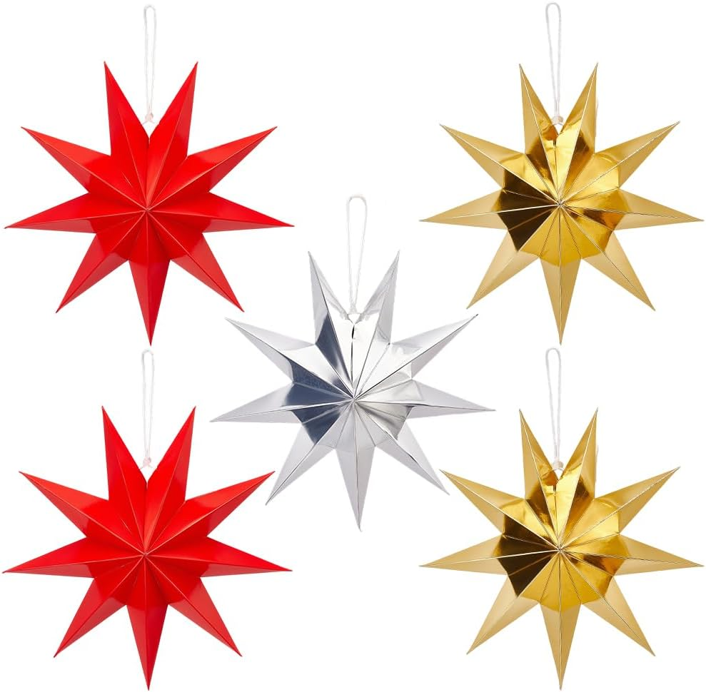 GORGECRAFT 6Pcs 3 Colors Paper Star Lanterns Gold Silver Red Nine Pointed Stars Winter Holiday Christmas Xmas Hanging Lampshade Lantern Decorations for Wedding Birthday Party Home Decor image number 1