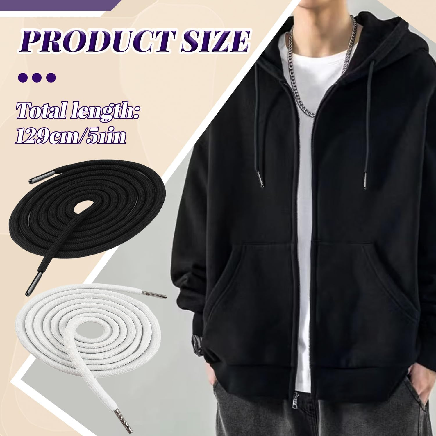 2 Pack 51 Inch Replacement Drawstrings Cotton Drawstring Cord, Suitable for Sweatpants Hoodies Shorts, with Threader Tool(Black+White)