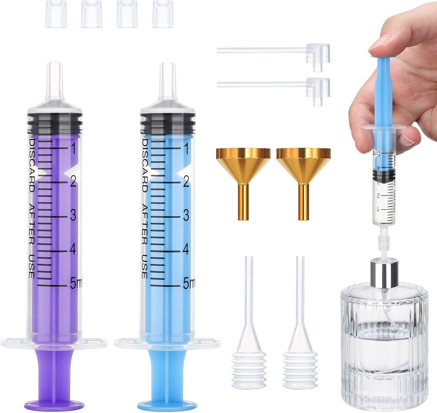 Segbeauty Perfume Cosmetic Transfer Tools, Include 2PCS 10Ml Fragrance Decanter Syringe, Funnel in Metal, Pipettes, Refill Pumps for Spray Bottle (Blue + Purple)