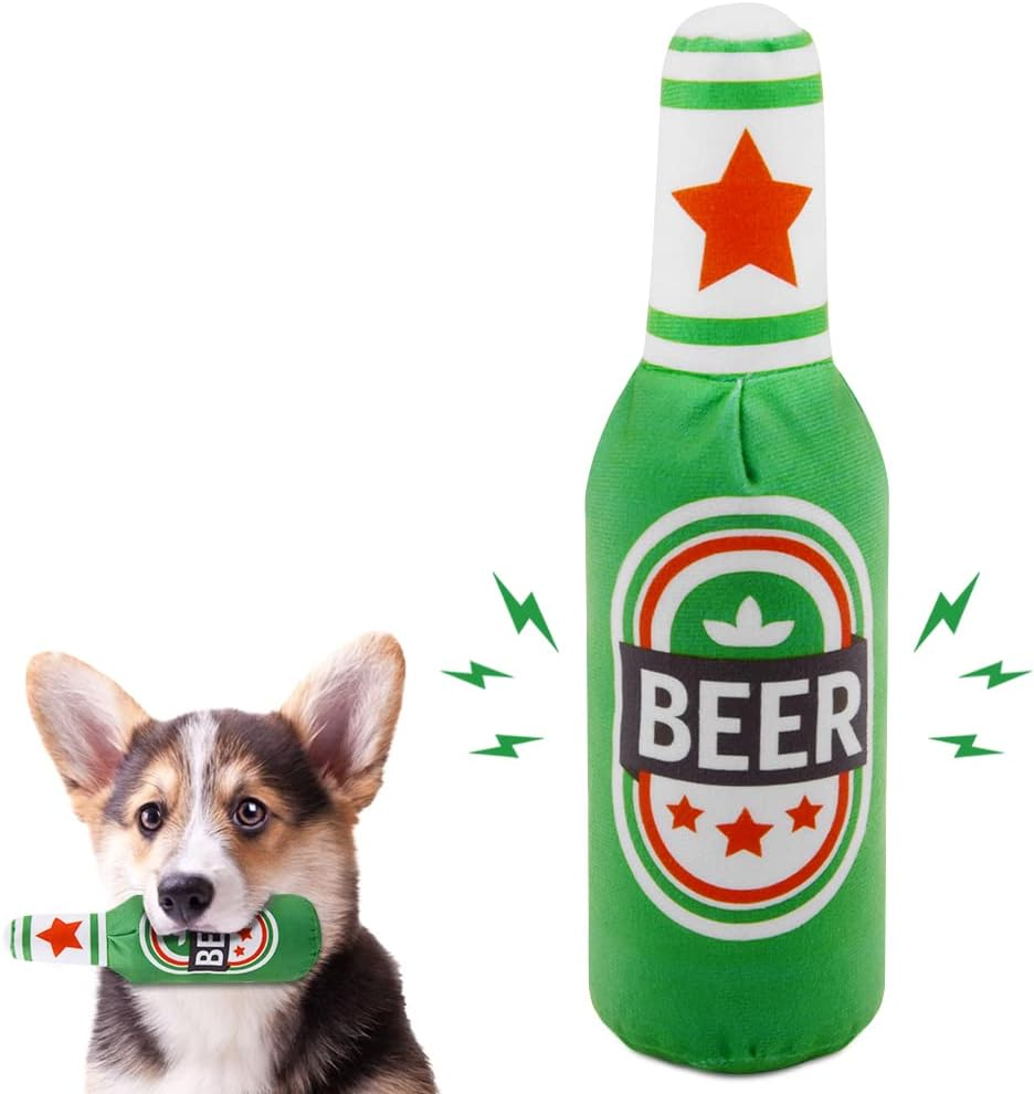 Vsshe Beer Bottle Plush Toys, 1 Pack Pet Plush Squeaky Dog Toy, Champagne Shape Dog Squeaky Chew Toys, Interactive Safe Doll Game Dogs Birthday Toys for Small, Medium, Large Dogs and Other Pets, Green image number 1