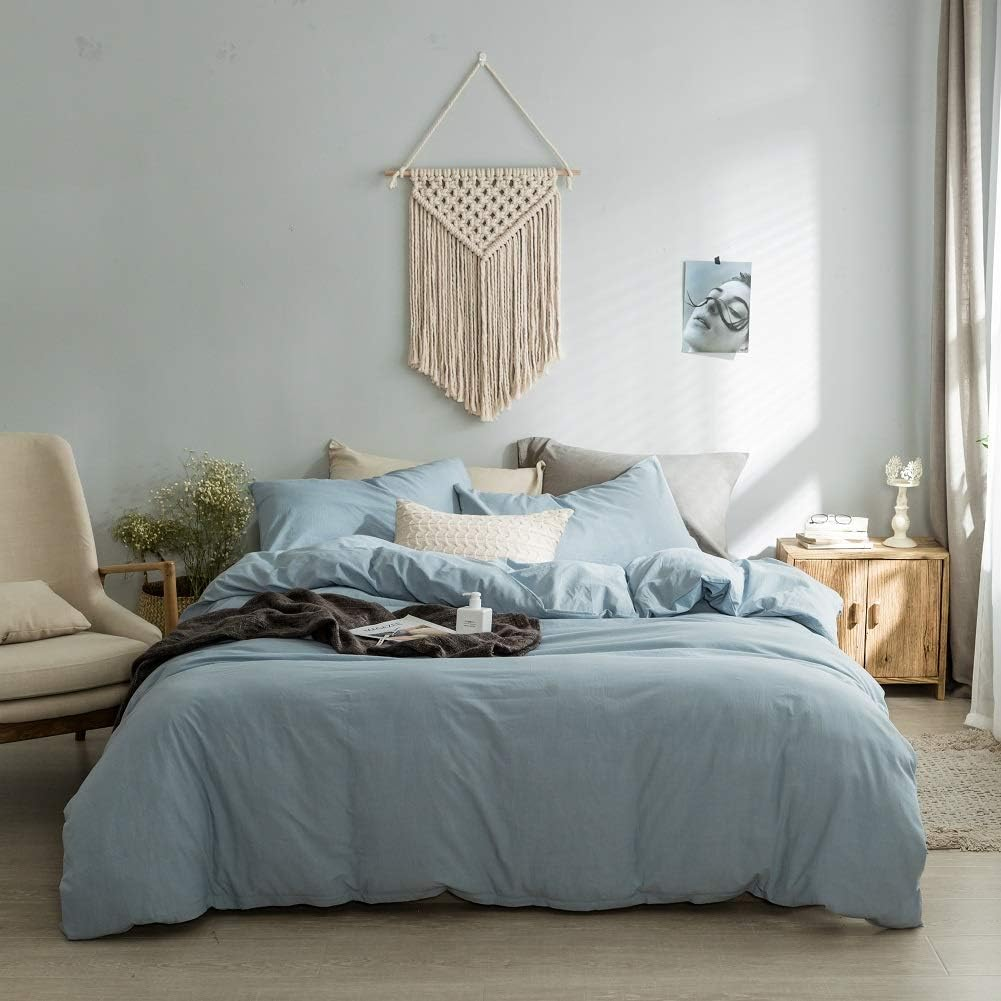 Dark Green Duvet Cover Queen, 100% Washed Cotton Linen like Textured Solid Color Casual Modern Green Bedding Set, with Zipper Closure, Luxury Soft Relaxed Feel Natural Wrinkled Comfy (3Pcs, Queen)