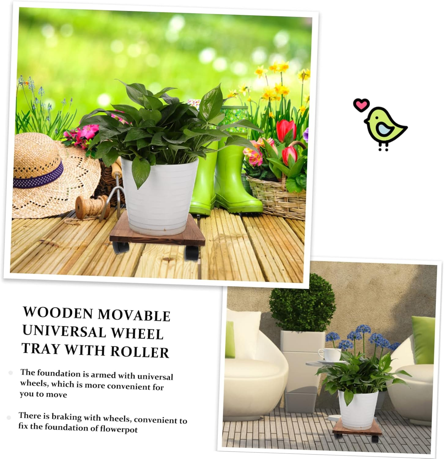 BESPORTBLE Movable Flowerpot Tray Sturdy Wooden Tray Wheels Planter Pallet for Indoor Desktop Plant Pot image number 4