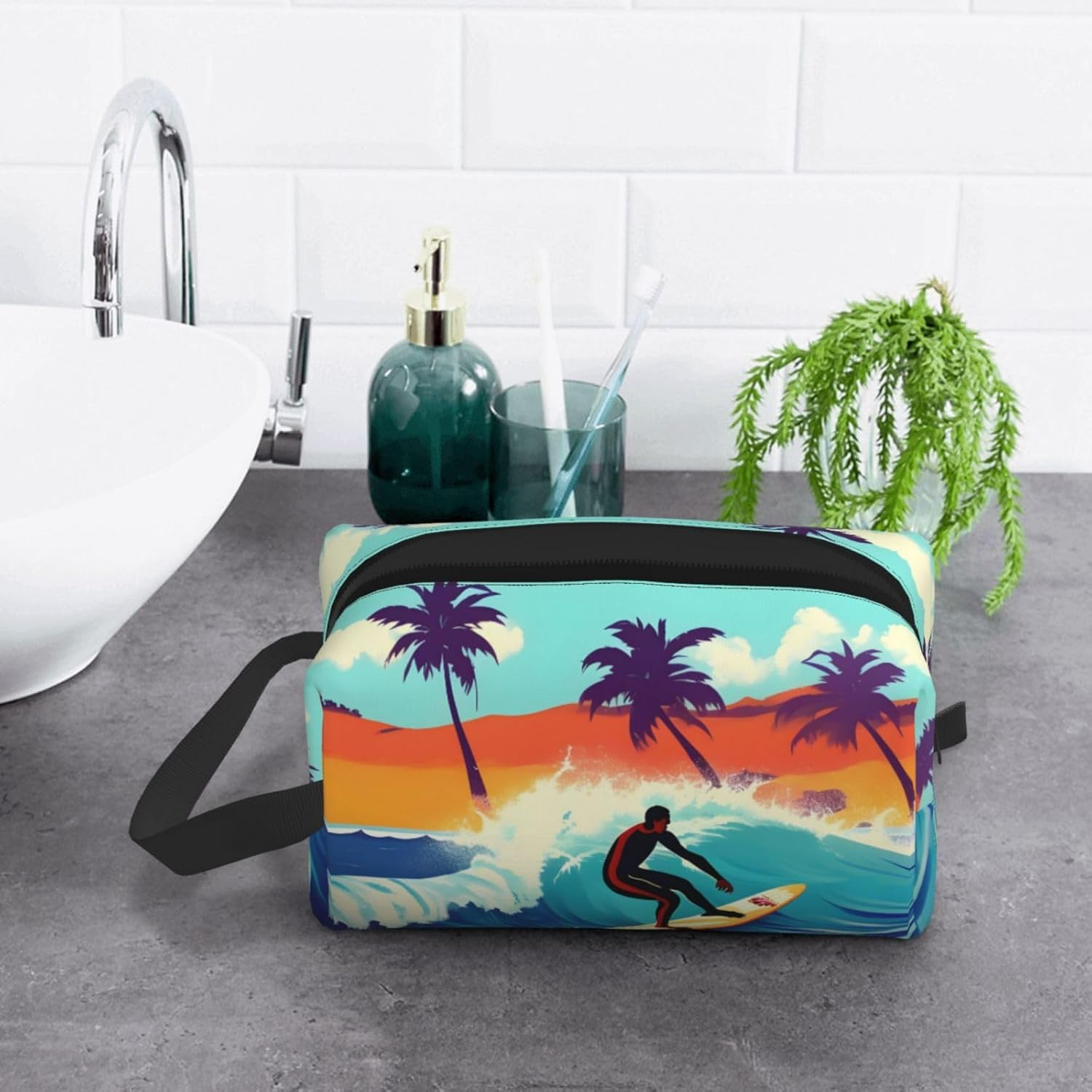 Hawaiian Surfer on Wavy Print Toiletry Bag for Men, Cosmetic Bag Spacious Capacity Travel Toiletry Bag for Women, White, One Size