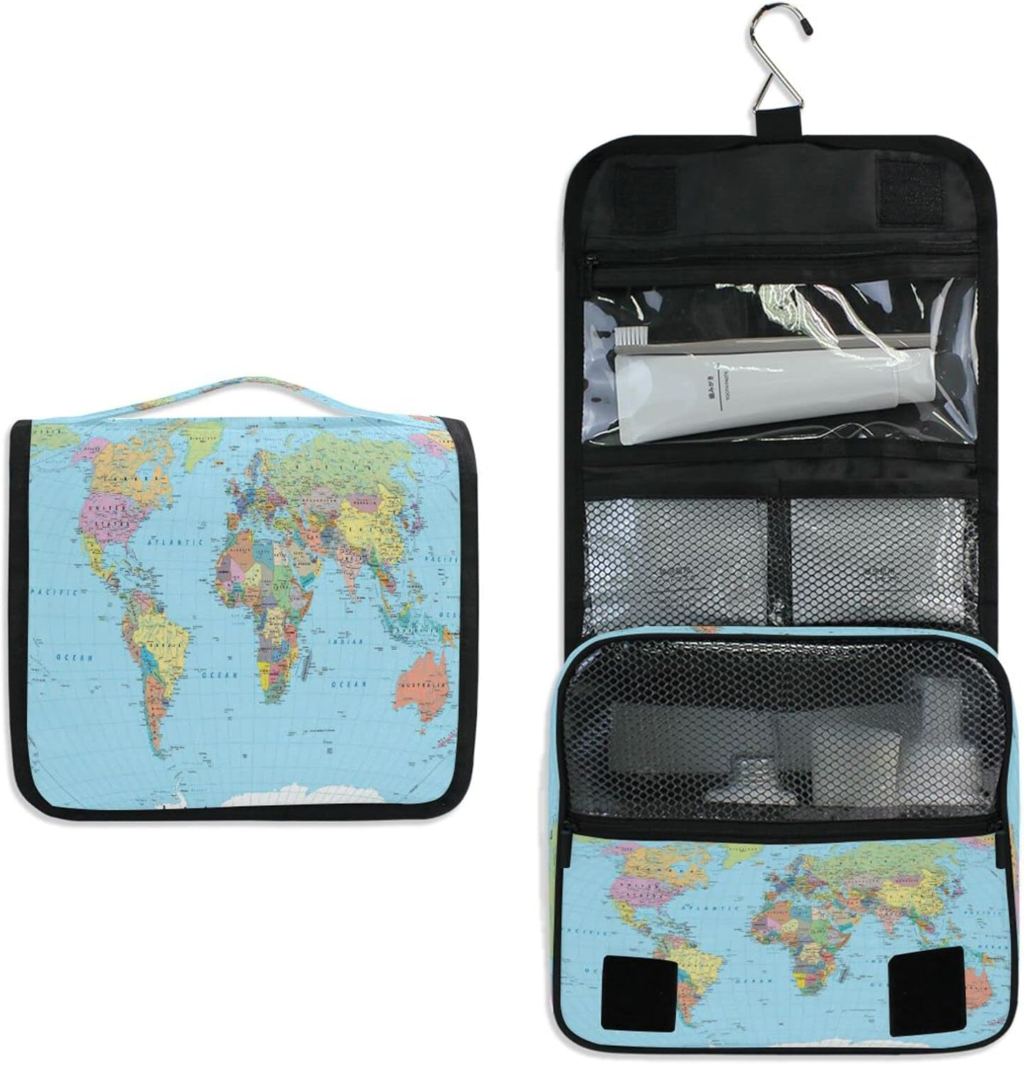Blue World Map Hanging Toiletry Bag for Women Men, Portable Makeup Bag Organizer Cosmetic Bag for Purse Pouch Waterproof Travel Essentials Large Wash Bag for Kids Girls, Multicolor, One Size image number 5