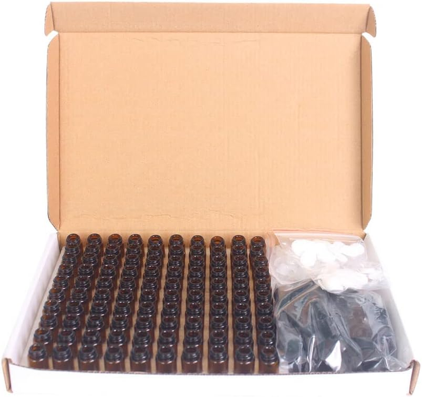 YUNFANG 100Pcs 2Ml Amber Glass Essential Oil Bottles with Black Caps for Oil, Perfume, Samples image number 1