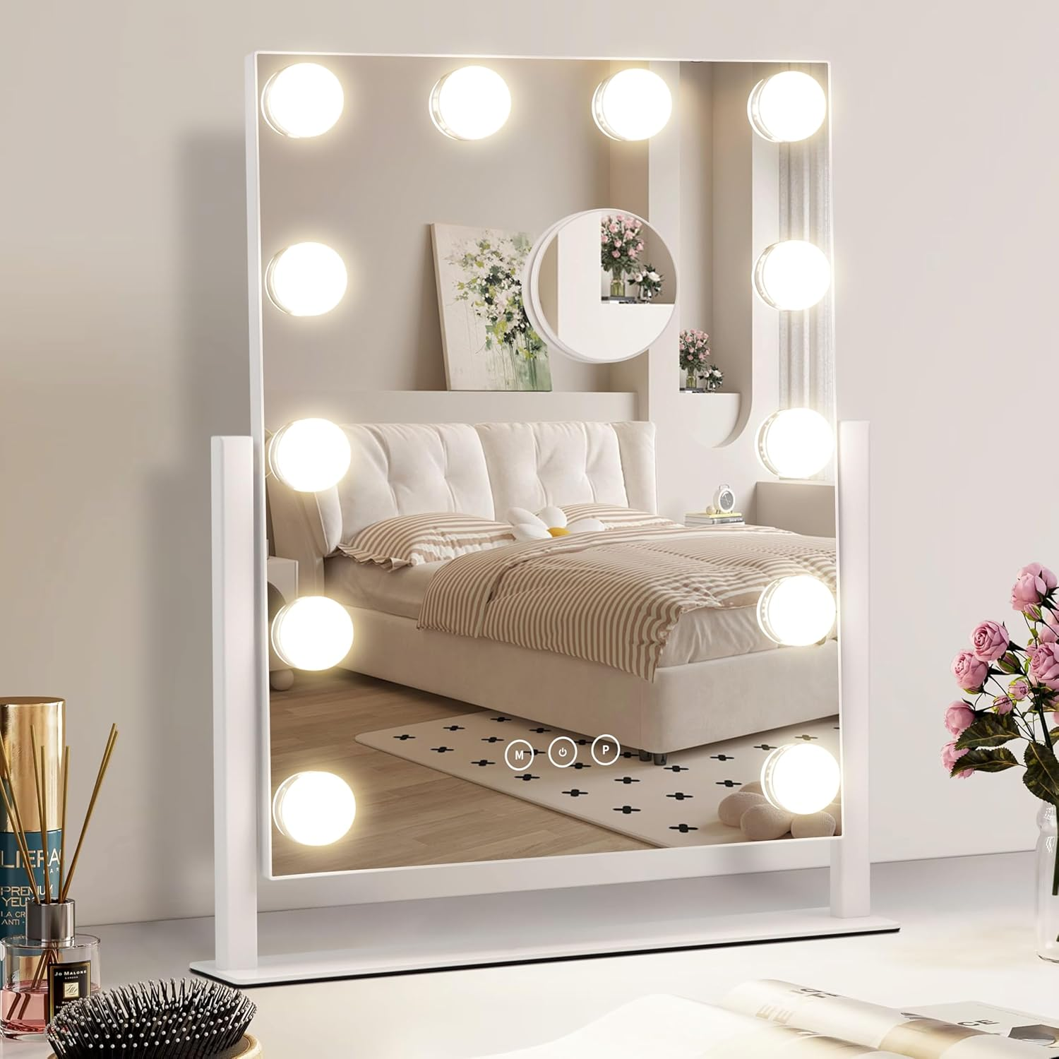 NUSVAN Vanity Mirror with Lights, Makeup Mirror with Lights,3 Color Lighting Modes Detachable 10X Magnification Mirror Touch Control,360&deg;Rotation, White.