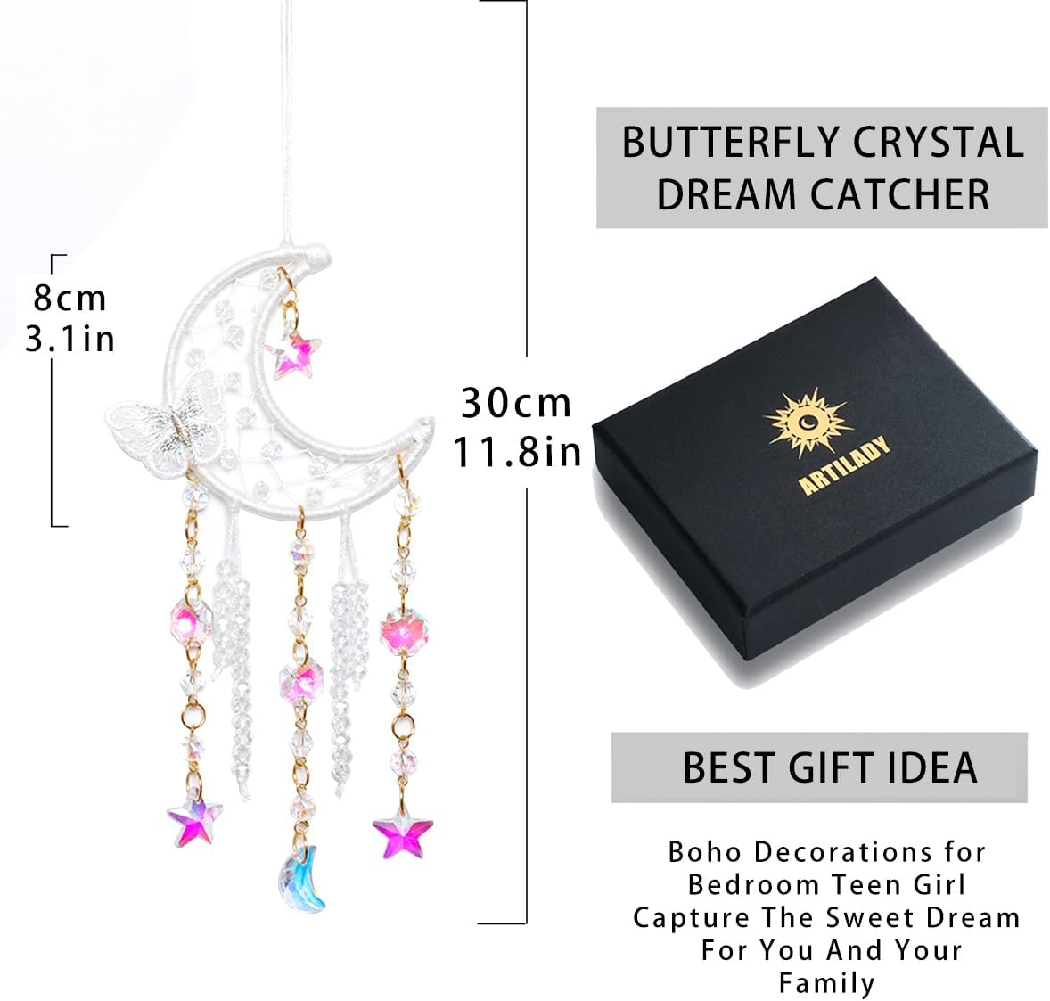 Artilady Dream Catcher for Girls - White Butterfly Small Moon Dream Catchers with Crystals Cute Room Decor for Teen Girls Boys Boho Bedroom Wall Home Decorations Birthday Christmas Women Gifts image number 3