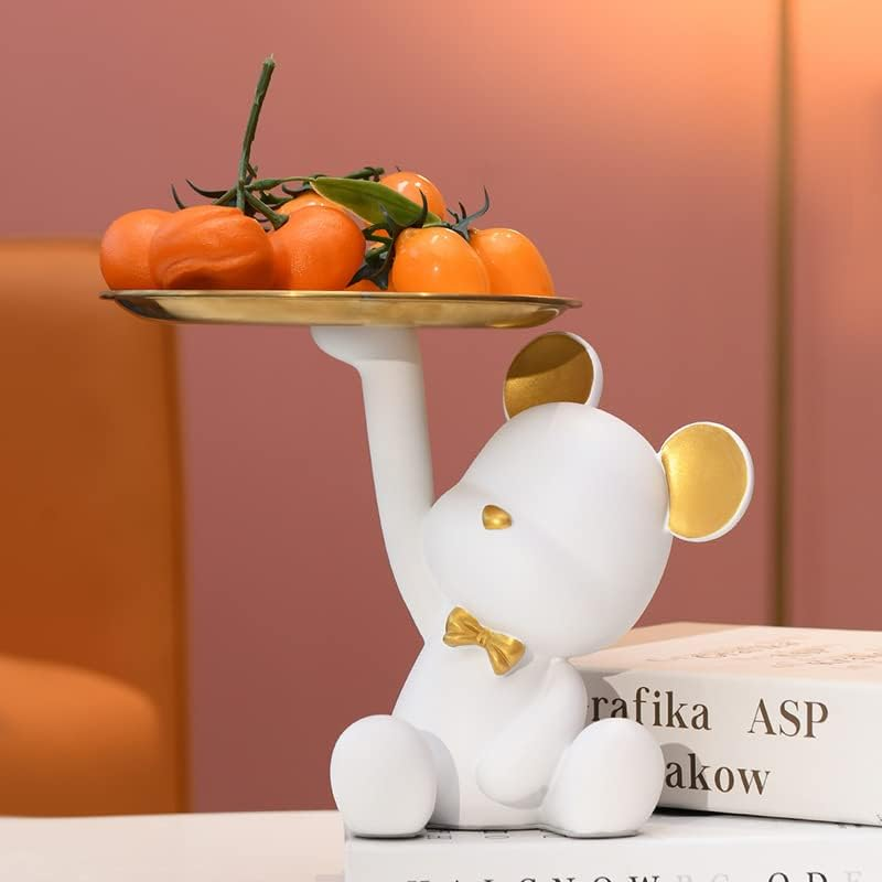 Cartoon Bear Resin Statue Storage Tray, Key Candy Jewelry Earrings Tray, Multi-Purpose Decorative Storage Tray for Bedroom, Living Room and Office (White) image number 1