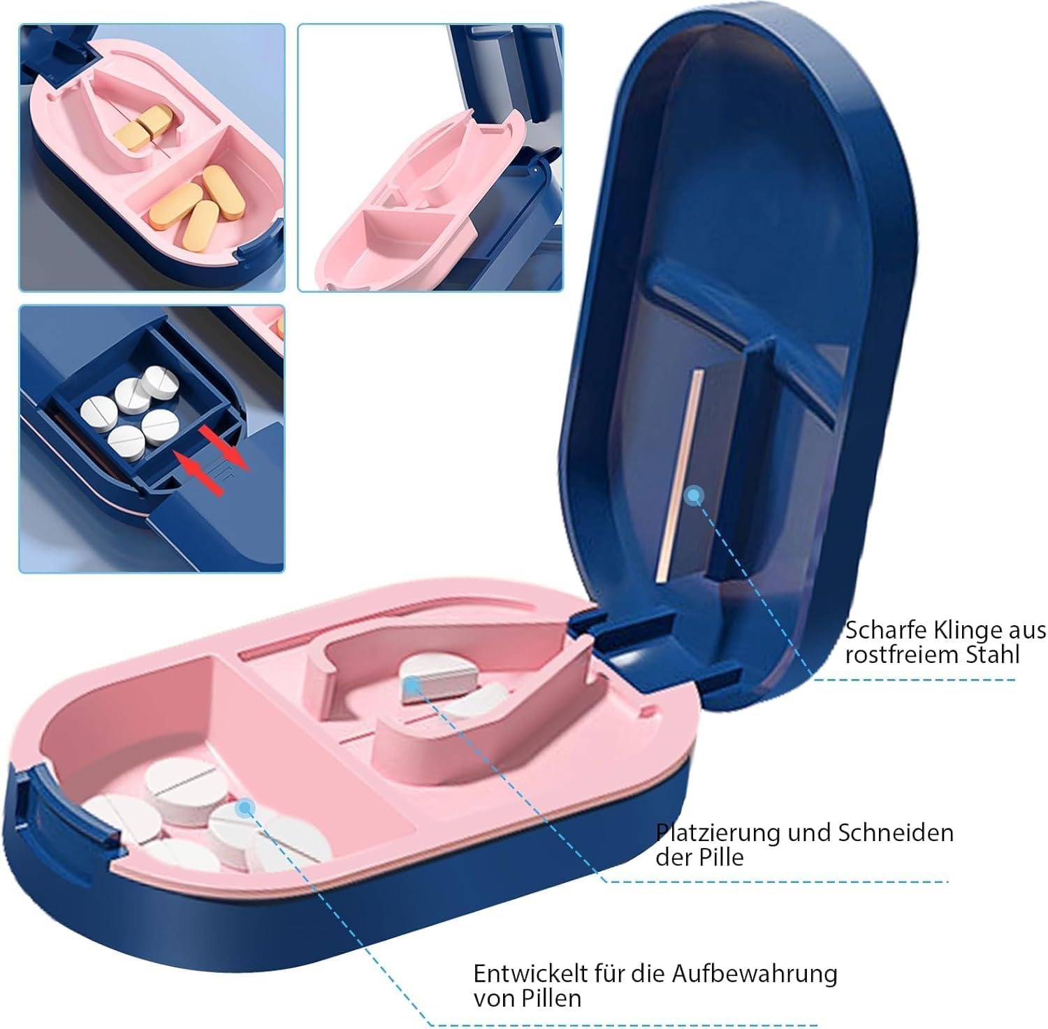 Pill Cutter for All Tablets, Small Tablet Cutter, Portable Pretty Pill Splitter, 2-In-1 Pill Splitter & Storage Compartment, Crusher for Tablets, Medication, Vitamins - Blue image number 6