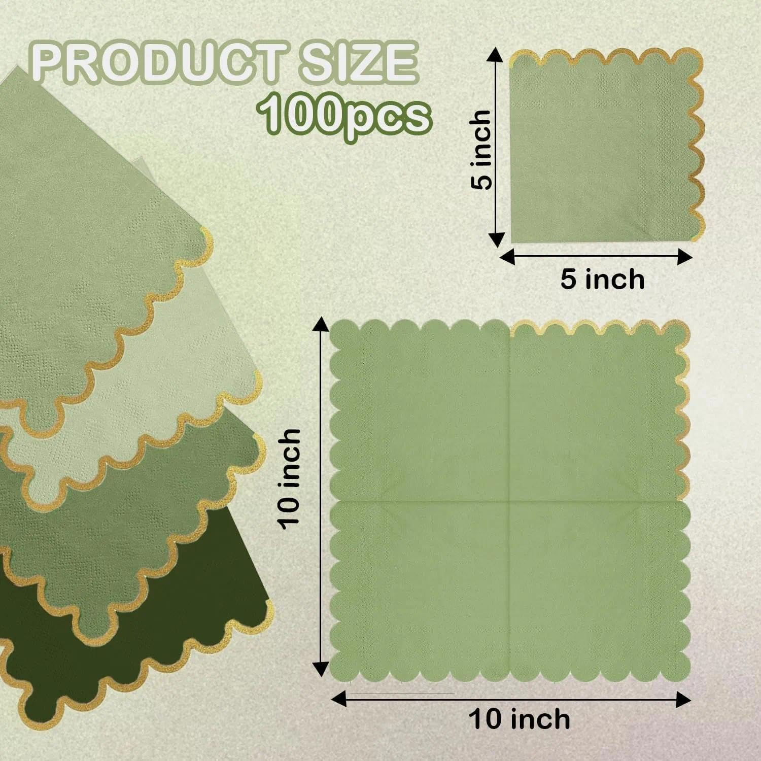 100 Pack Green Cocktail Napkins with Gold Foil Accents Scalloped Edges 5 X 5 Inch Beverage Disposable Napkin Party Decoration Wedding Bridal and Baby Shower Dinner Lunch Supplies image number 5