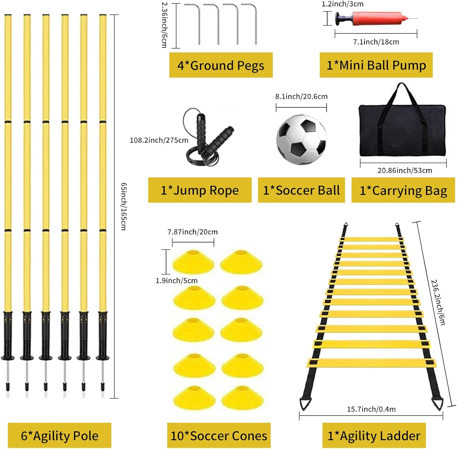 Soccer Agility Training Equipment Set: 6 Soccer Training Poles,19.7Ft Agility Ladder,10 Cones,1 Jump Rope,1 Mini Ball Pump,1 Football,Basketball Football Training Equipment for Kids Youth Adults.