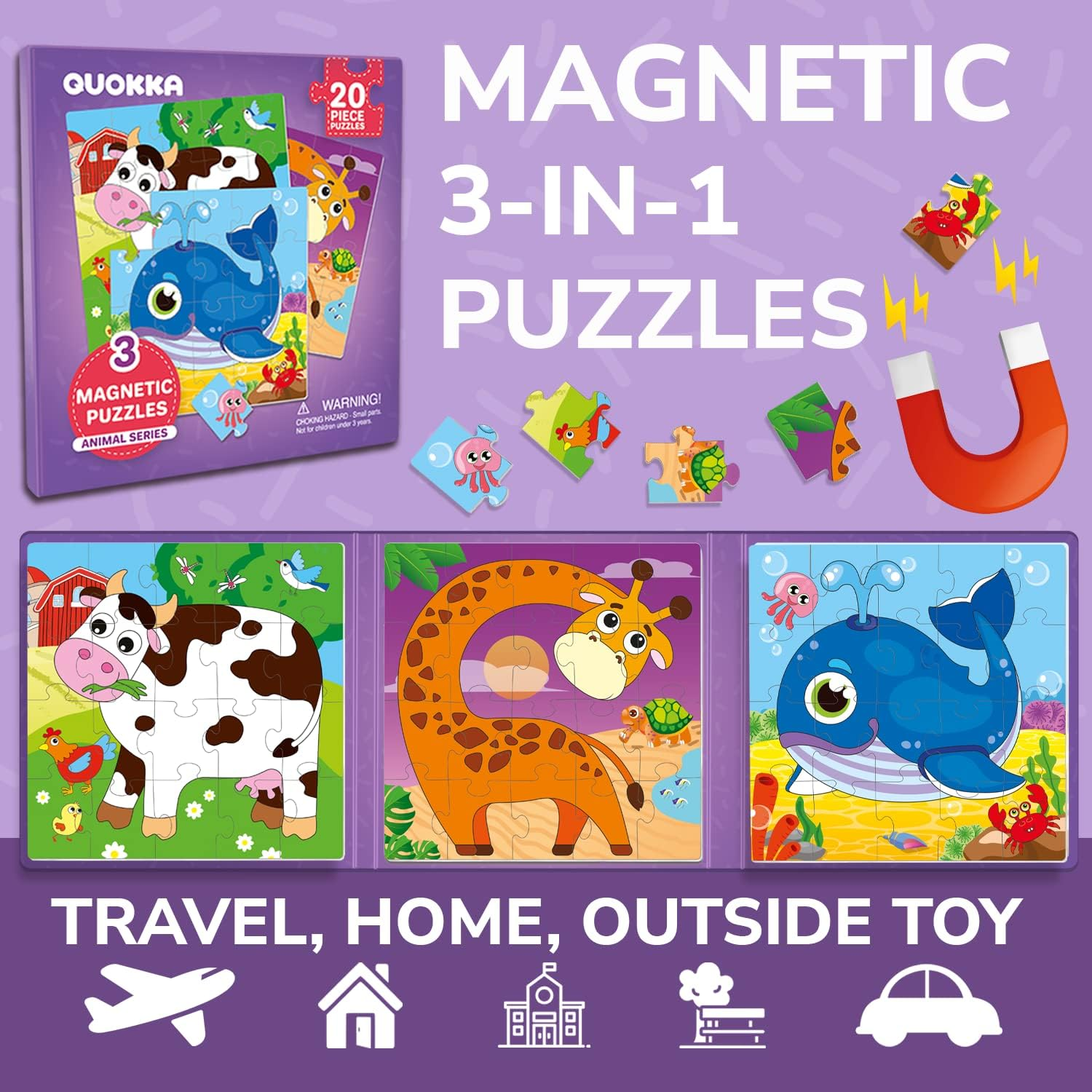 QUOKKA Magnetic Puzzles for Kids 3-20 Pieces Travel Toddler Puzzles for 2-4-Year-Olds by Quokka - Animal Car Activities Toy for Boys and Girls 4-8 Yo - Learning Magnet for Road Trip image number 3