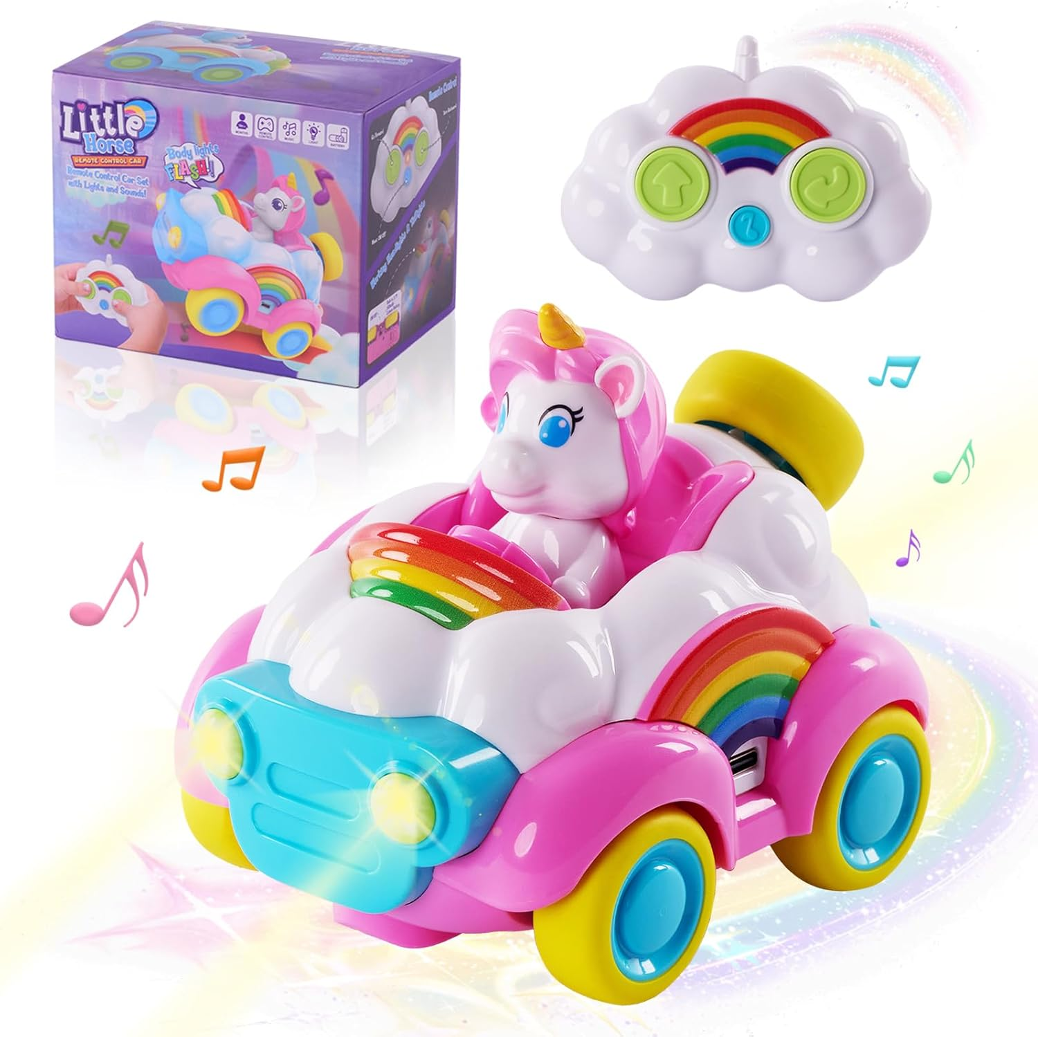 Remote Control Car, Pink Unicorn RC Cars, Cartoon RC Race Car with Cute Cool LED Lights, Toy Car with Music & Sound Toy for Toddler Kids, Baby Toys Birthday Gifts for Kids Girl Age 1 2 3 image number 1