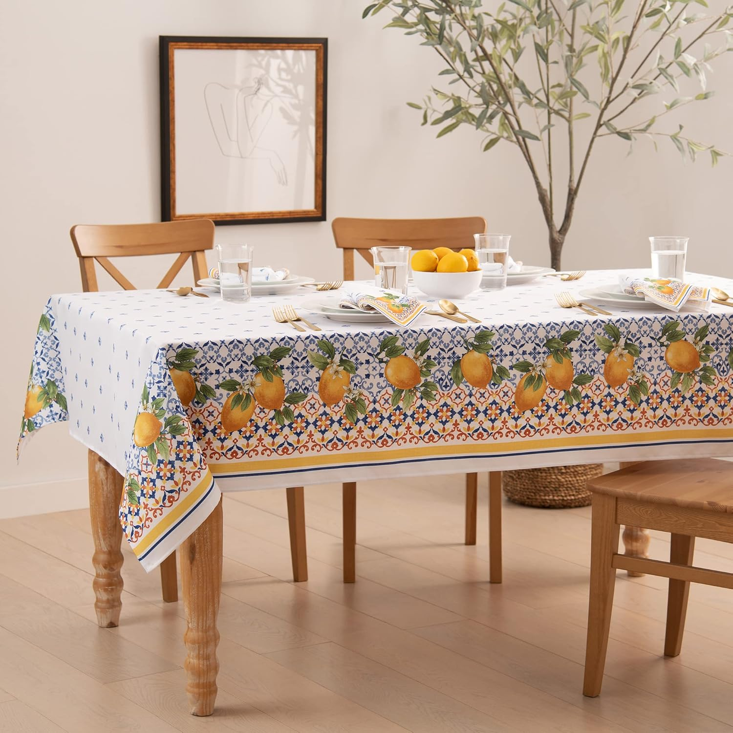 Elrene Home Fashions Capri Lemon Double-Bordered Mediterranean Fabric Tablecloth, Rectangle, 60 Inches X 84 Inches