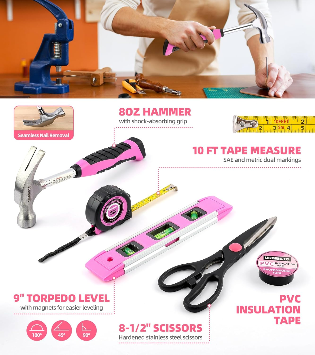 URASISTO Pink Household Tool Set with 3.6V USB Electric Screwdriver, 136 PCS Home Tool Kit with Cordless Lithium-Ion Drill Driver, Hand Tool Kits for Women image number 6