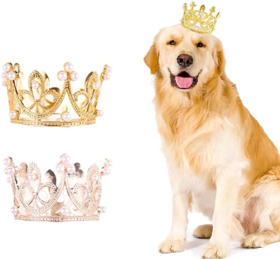 2Pcs Pet Birthday Party Crown for Small Dog with Adjustable Strap Hat Rhinestone Faux Pearl Crown for Birthday Party (Gold+Rose Gold, One Size) image number 1
