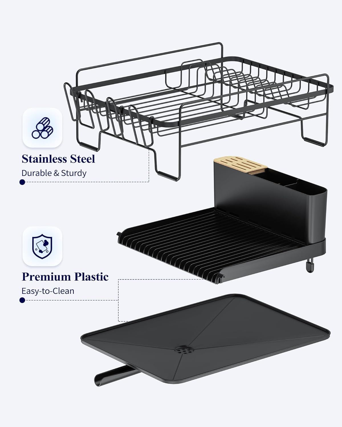 Kitsure Large Dish Drying Rack - Extendable Dish Drainer Rack with Cutlery & Cup Holders for Kitchen Counter, Kitchen Storage & Organisation, 67.8 X 32.7 X 14.9 Cm, Black image number 5