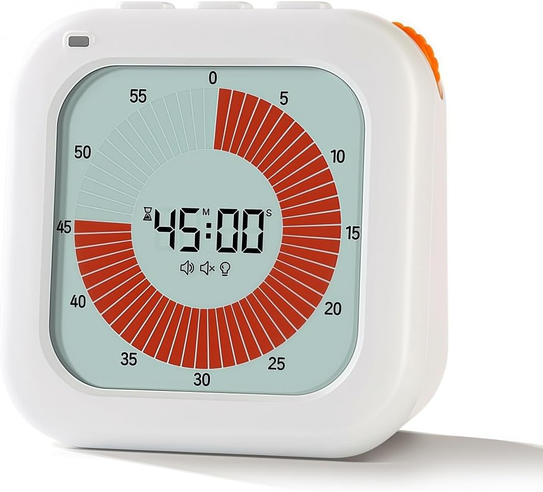 Visual Timer for Kids, 60-Minute Countdown Timer with LCD Display, Pomodoro Timer for Kitchen,Working,Classroom, Timer with Silent Mode for Autism/Adhd (White)