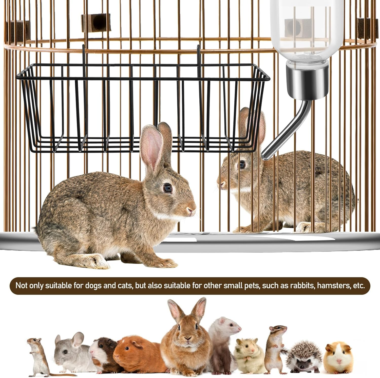 POPETPOP Rabbit Hay Feeder 2 Pieces Hanging Hay Holder Made of Metal with 2 Pieces Small Animal Water Bottles Robust Hay Holder with Frame for Guinea Pigs Rabbits Chinchilla image number 2
