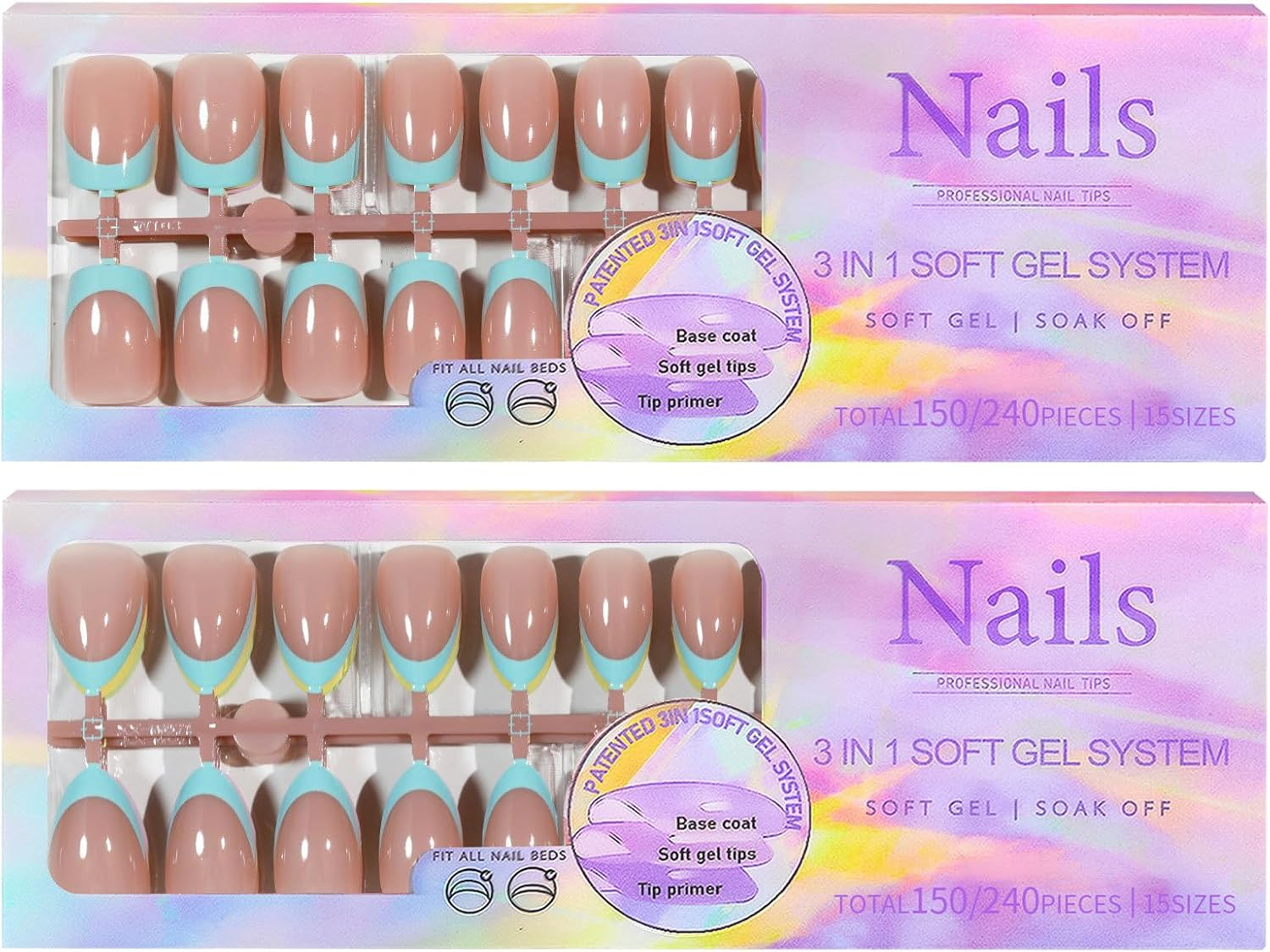 Blue French False Nails, 2 * 240 Pcs Professional Nail Tips, Fake Nails Blue Tip French False Nail Kit, Press on Nails, French Tip Gel for Nail Art DIY, 3D Fake Nail for Women Girls