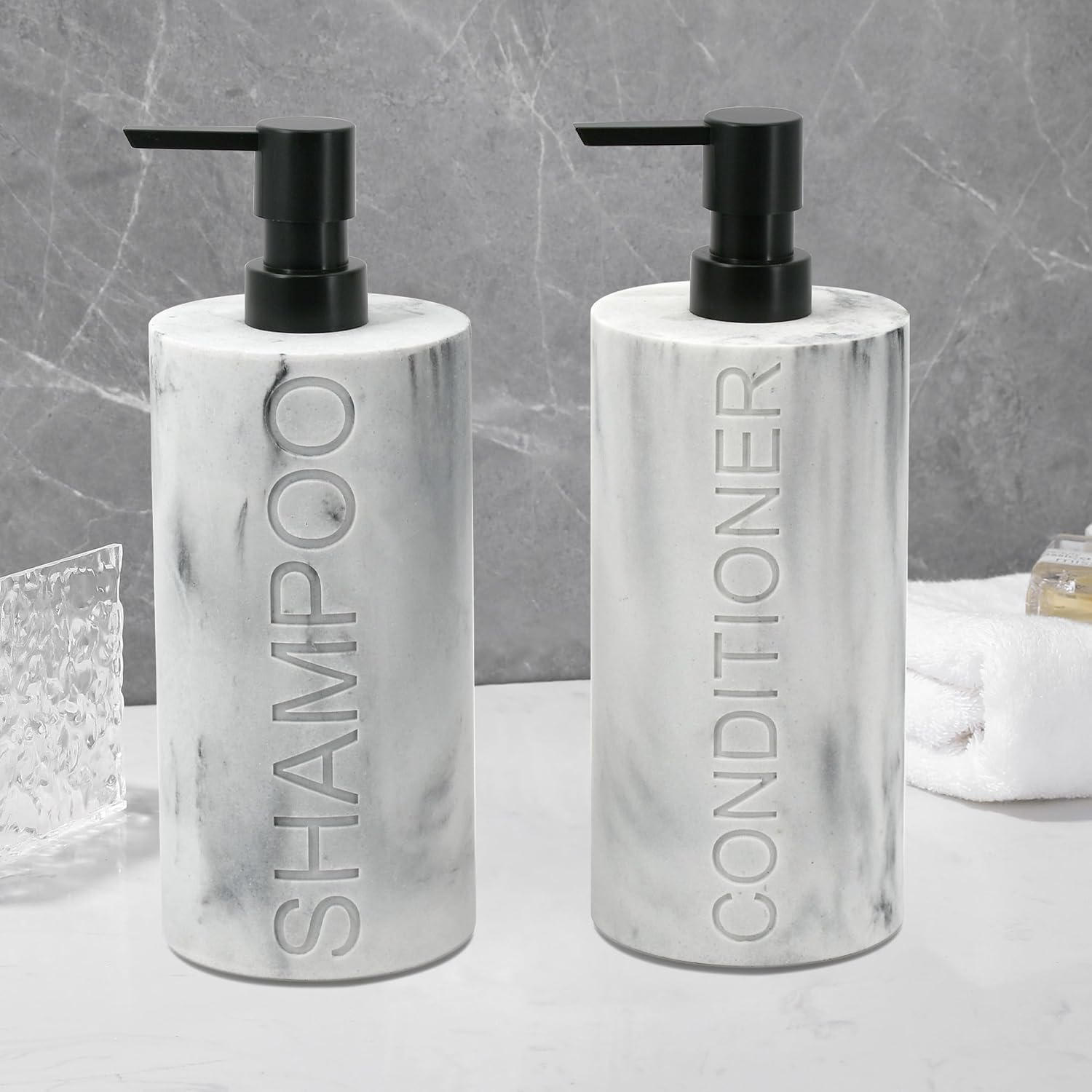 Indecor Home Marble Resin 2 Piece Shampoo and Conditioner Dispenser Set, Luxurious Refillable Pump Bottles with Matte Pump Top and Embossed Text, Durable Design for Bathroom and Shower image number 2