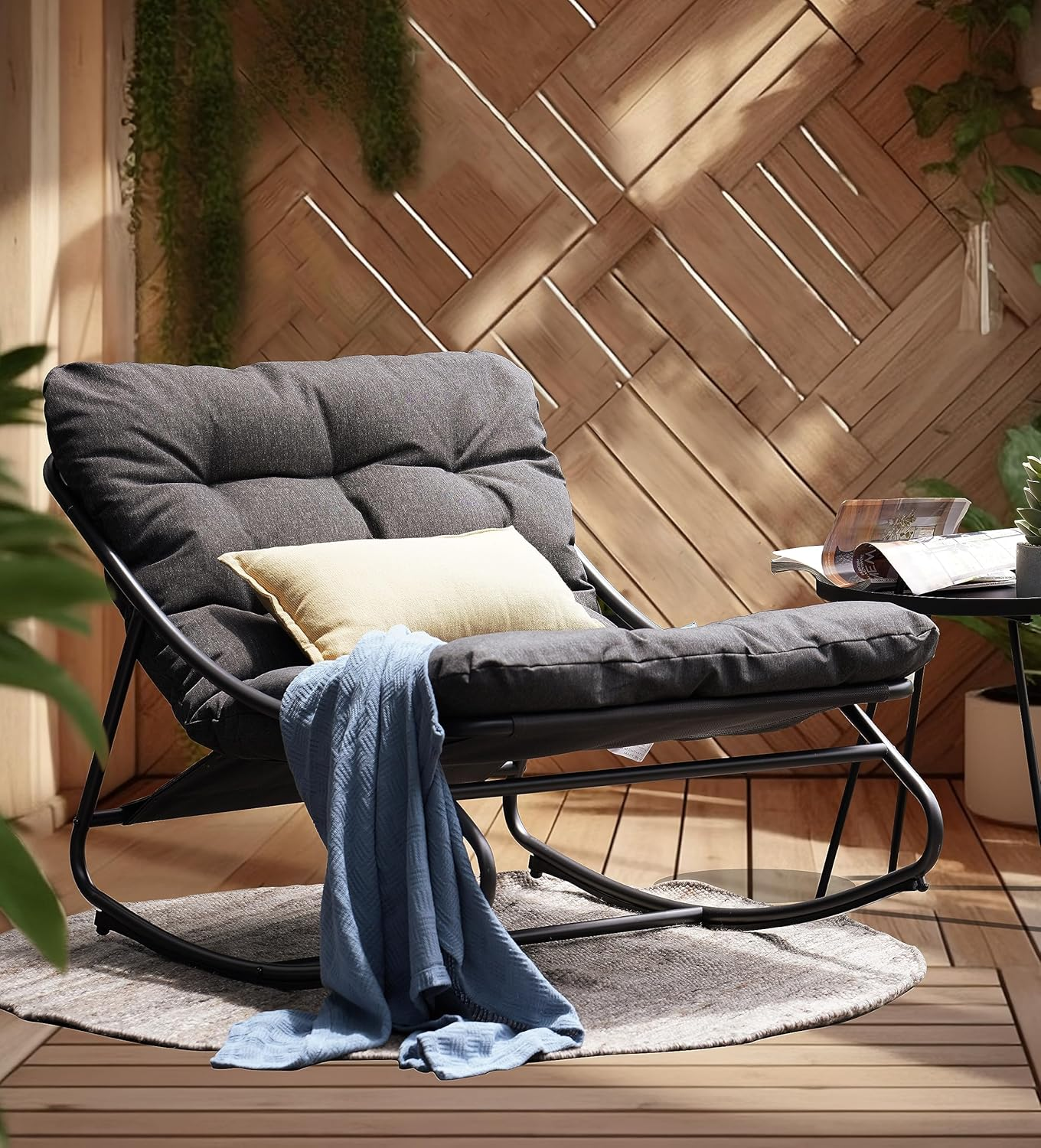 Grand Patio Steel Rocking Chair Indoor & Outdoor, Patio Lounge Rocking Chair with Thick Cushion for Relaxing Reading Napping, Comfortable Modern Rocker Chair for Living Room, Front Porch, Backyard image number 6