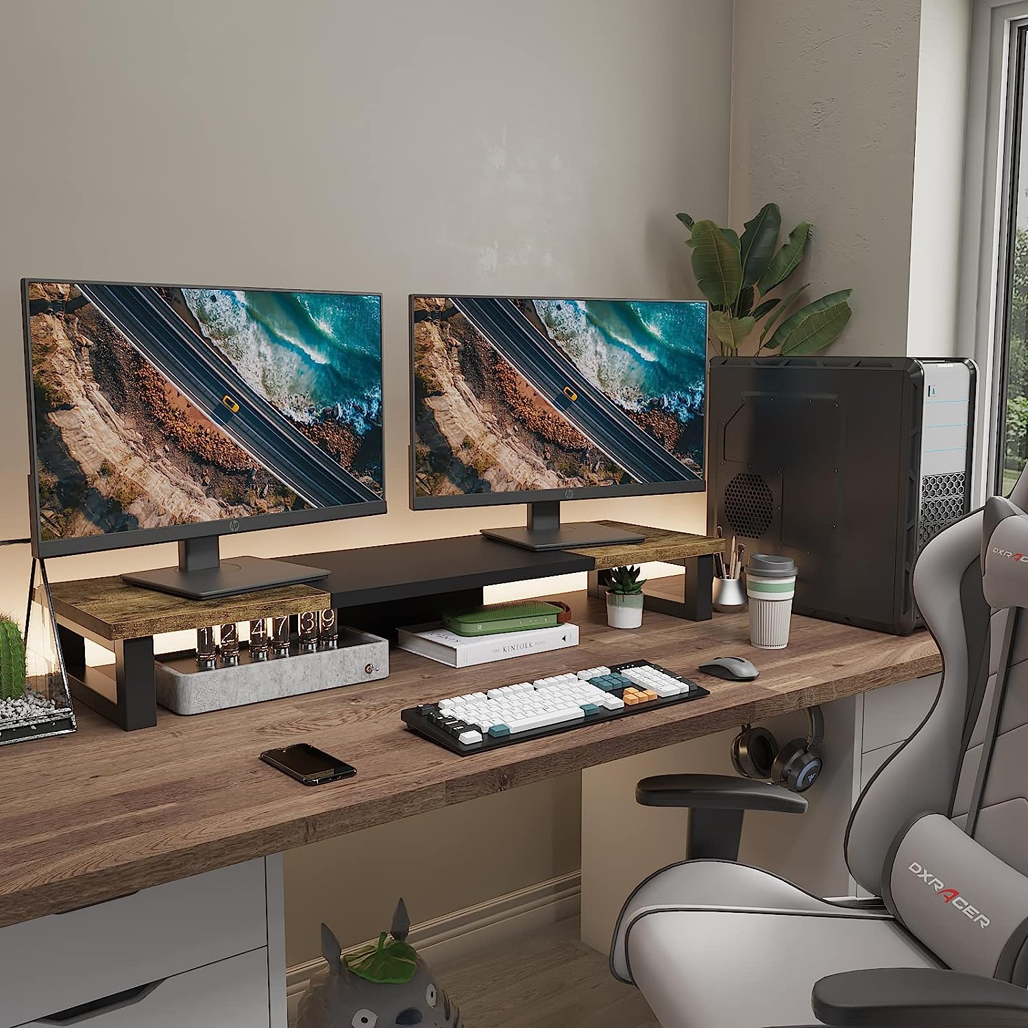 WESTREE Dual Monitor Stand Riser, Wood and Steel Monitor Stand Riser, Computer Monitor Stand for 2 Monitors, Multi-Purpose Desktop Storage Stand for Computer,Laptop,Printer,Tv