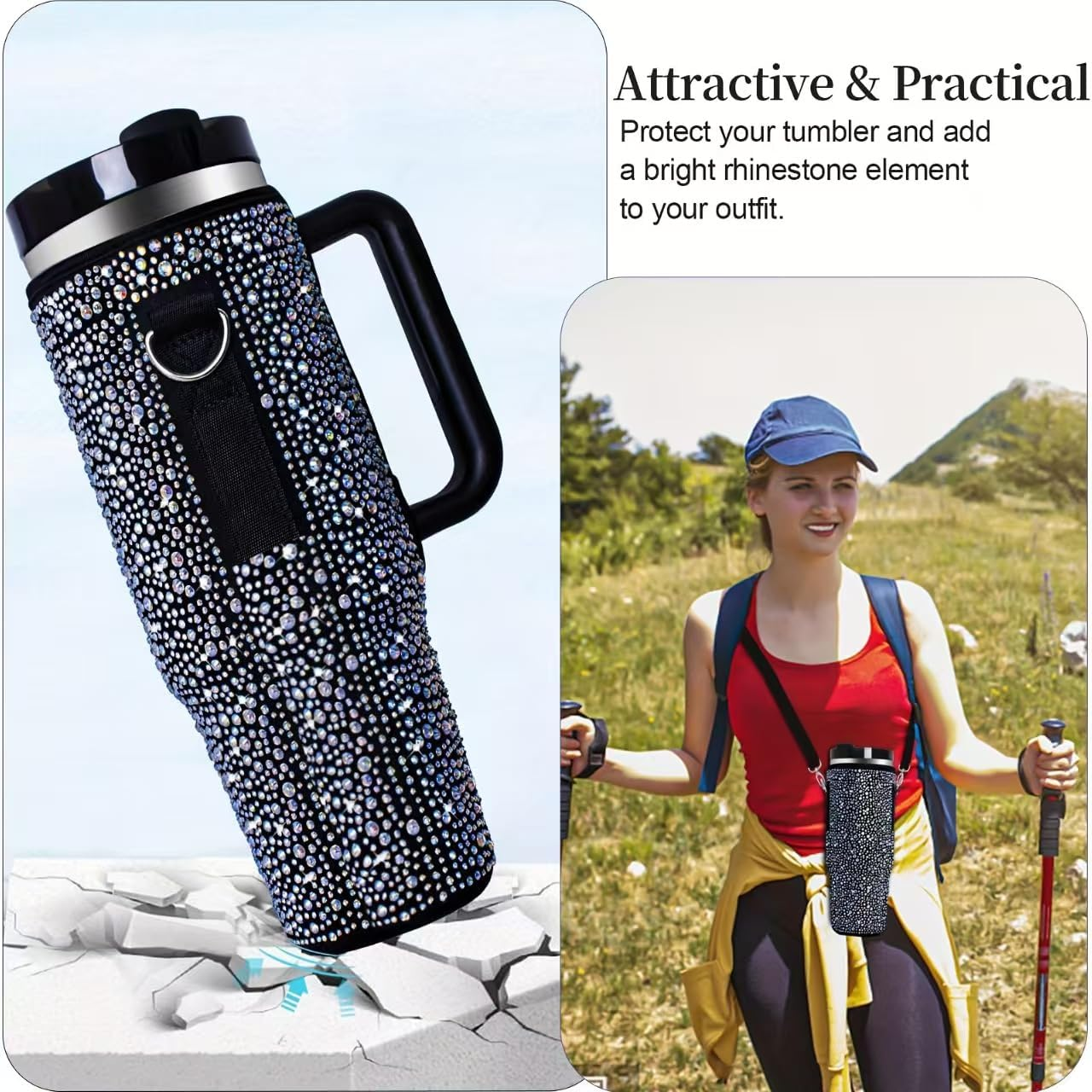 Bling Water Bottle Carrier Bag for Stanley Quencher H2.0 & Adventure 40 Oz Tumbler with Handle, Neoprene Water Bottle Holder with Adjustable Strap for Stanley Cup Accessories (Black) - Black image number 5