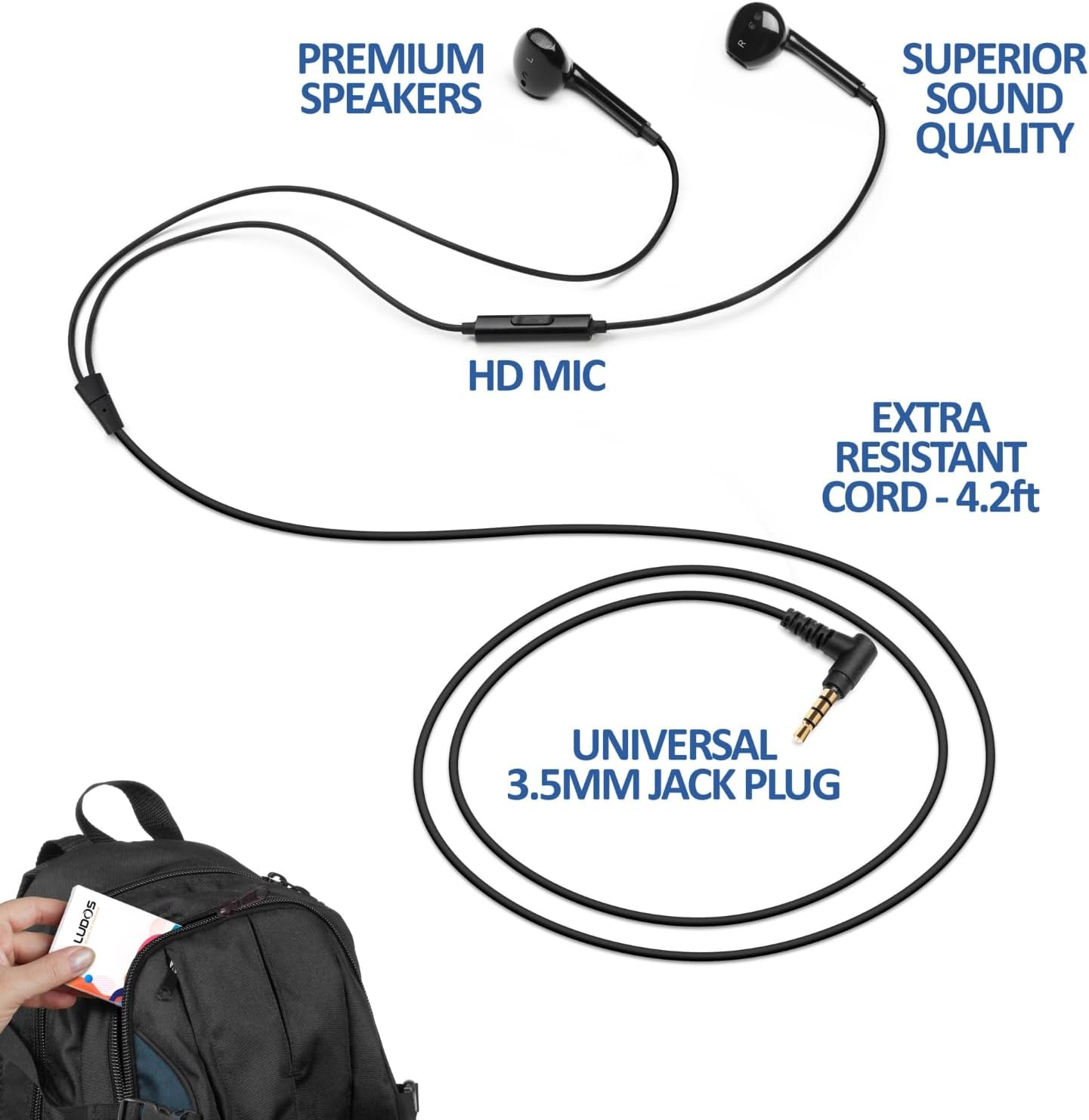 LUDOS Zenith Wired Earbuds In-Ear Headphones, 2 Year Warranty, Earphones with Microphone, Noise Isolation Corded for 3.5Mm Jack Ear Buds for Iphone, Ipad, Samsung, Computer, Laptop, Gaming - Black image number 2