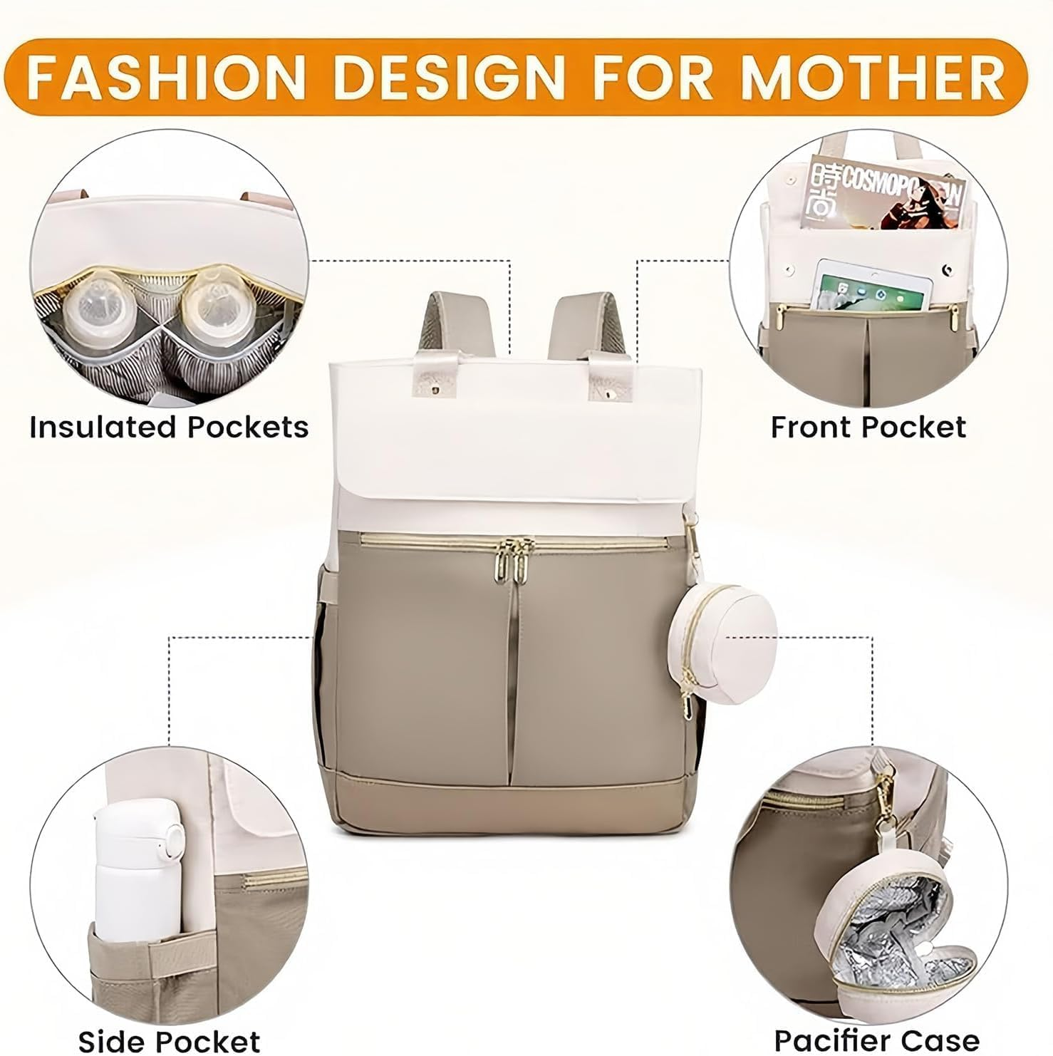 Baby Diaper Bag Backpack, Large Waterproof Travel Diaper Bag with Changing Pad, Insulated Bottle Pockets, Pacifier Case, Convertible Tote, for Unisex Baby (Coffee Beige) image number 6