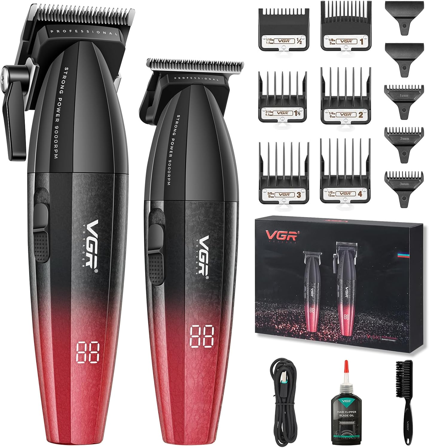 VGR 640 Professional Hair Clippers for Men, 9000RPM Cordless Barber Clippers and Trimmers Set, Zero Gap T-Blade Hair Cutting Kit, DLC Coated Ceramic Blade Barber Kit with LED Display(Red)