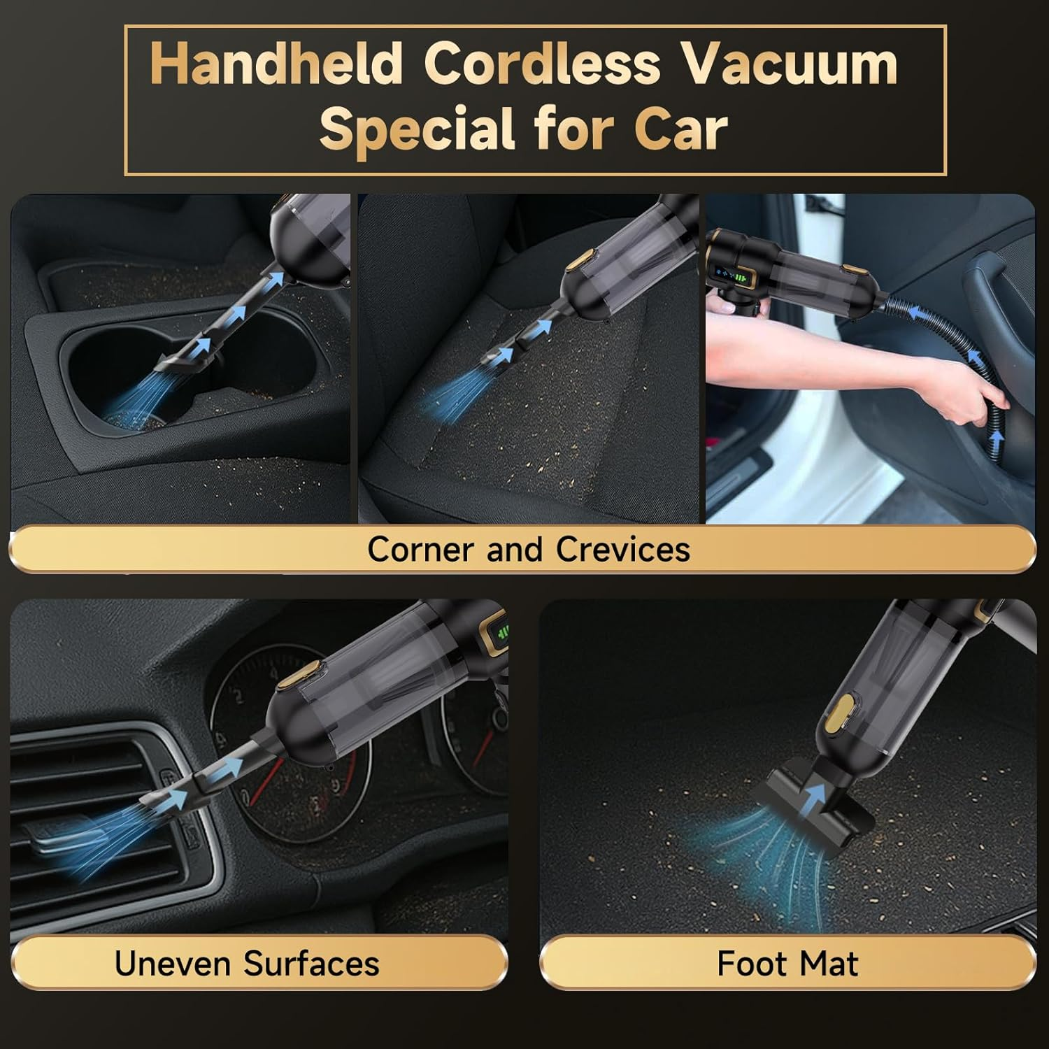Lyiazsoy Car Vacuum Cleaner Cordless,22000Pa High Power Mini Vacuum Cleaner,Rechargeable Handheld Vacuum Cleaner,Car Hoovers for Pet Hair, Home, Office, Kitchen(Gold Black) image number 6