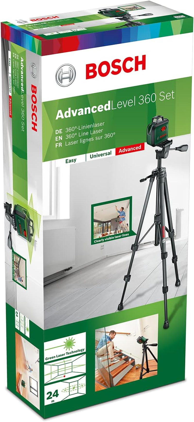 Bosch Cross Line Laser Advancedlevel 360 Set (Horizontal 360 Degree and Two Vertical Laser Lines, with One Plumb down Point, Green Laser, 4X AA Batteries, with Tripod, in Cardboard Box) image number 2