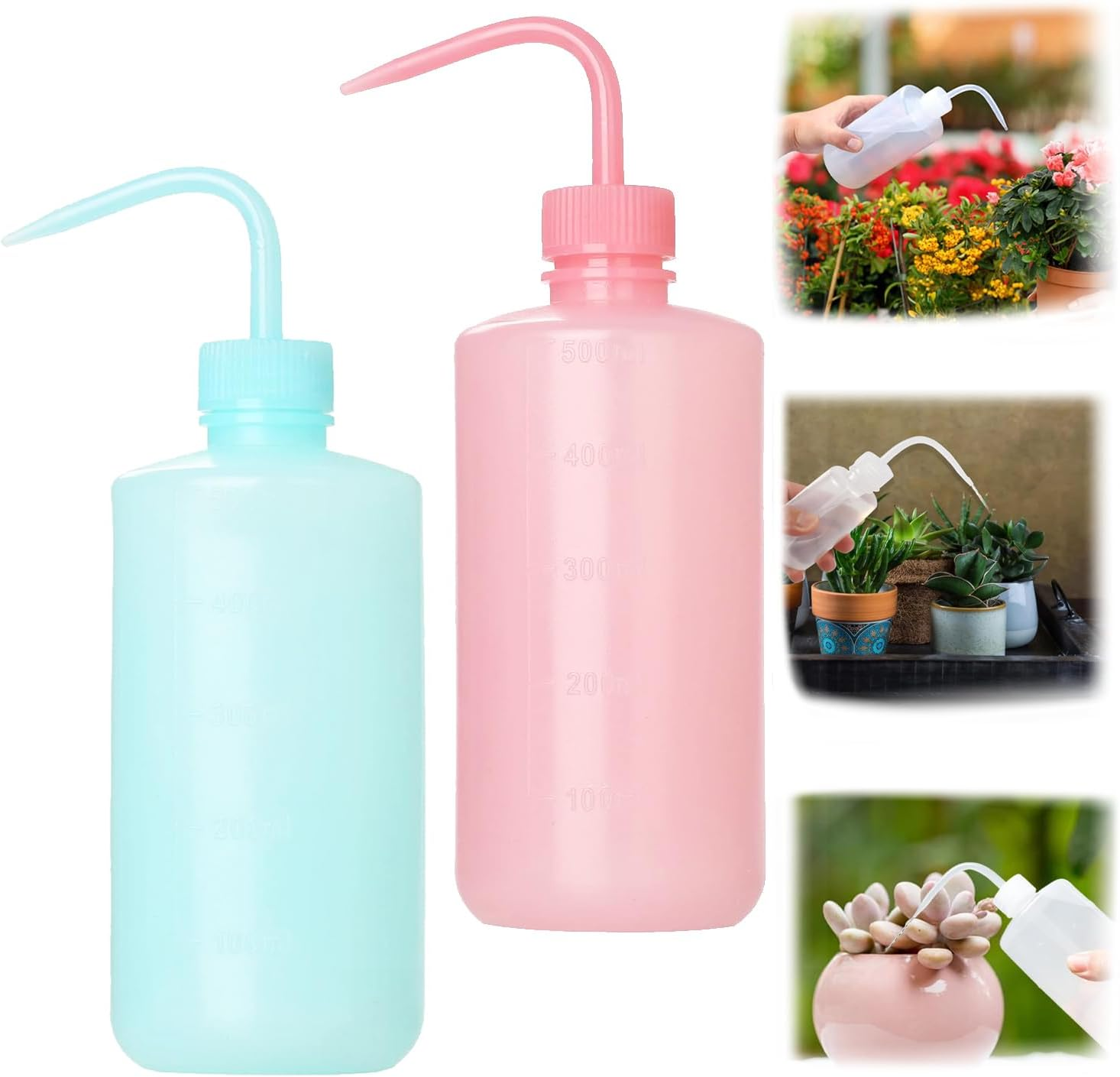 Xinghonyac 2 Pcs Tattoo Wash Bottle, 500Ml Squeeze Sprinkling Can, Plastic Wash Plant Bottle, Flower Succulent Watering Bottle, Water Squirt Irrigation Bottle, with Curved Mouth and Scale Marks (A)