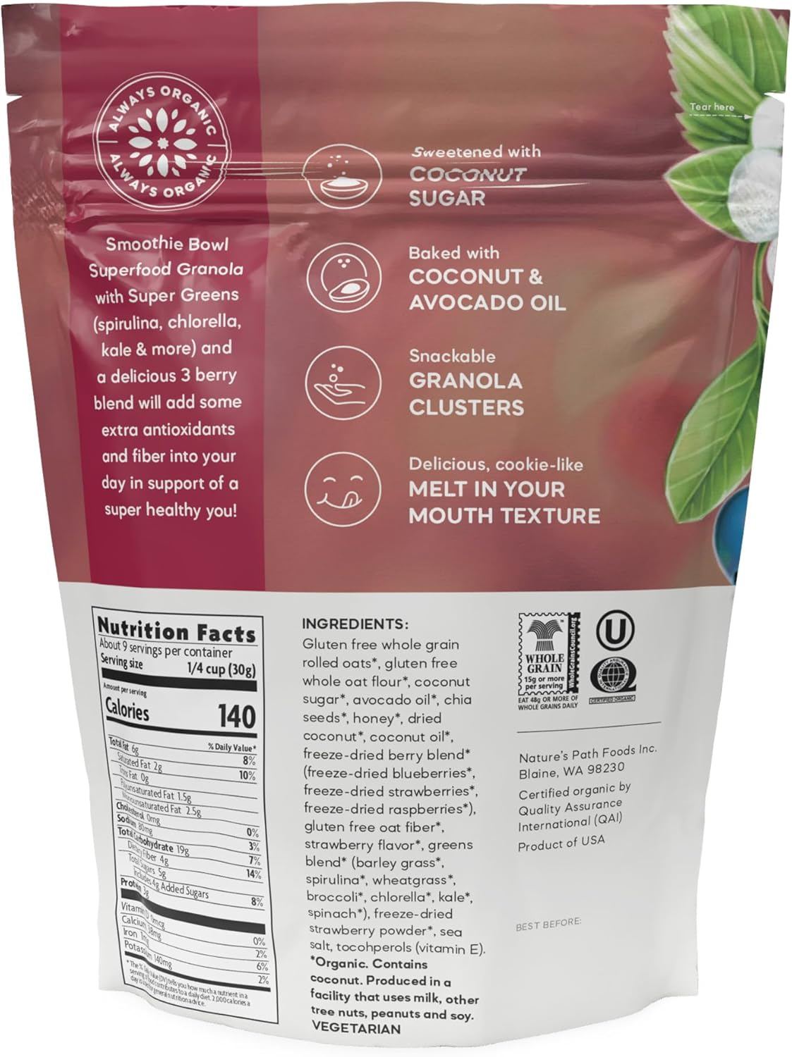 Nature'S Path Organic Superfood Smoothie Bowl Granola, 9.5 Oz (Pack of 6), Gluten Free, Non-Gmo