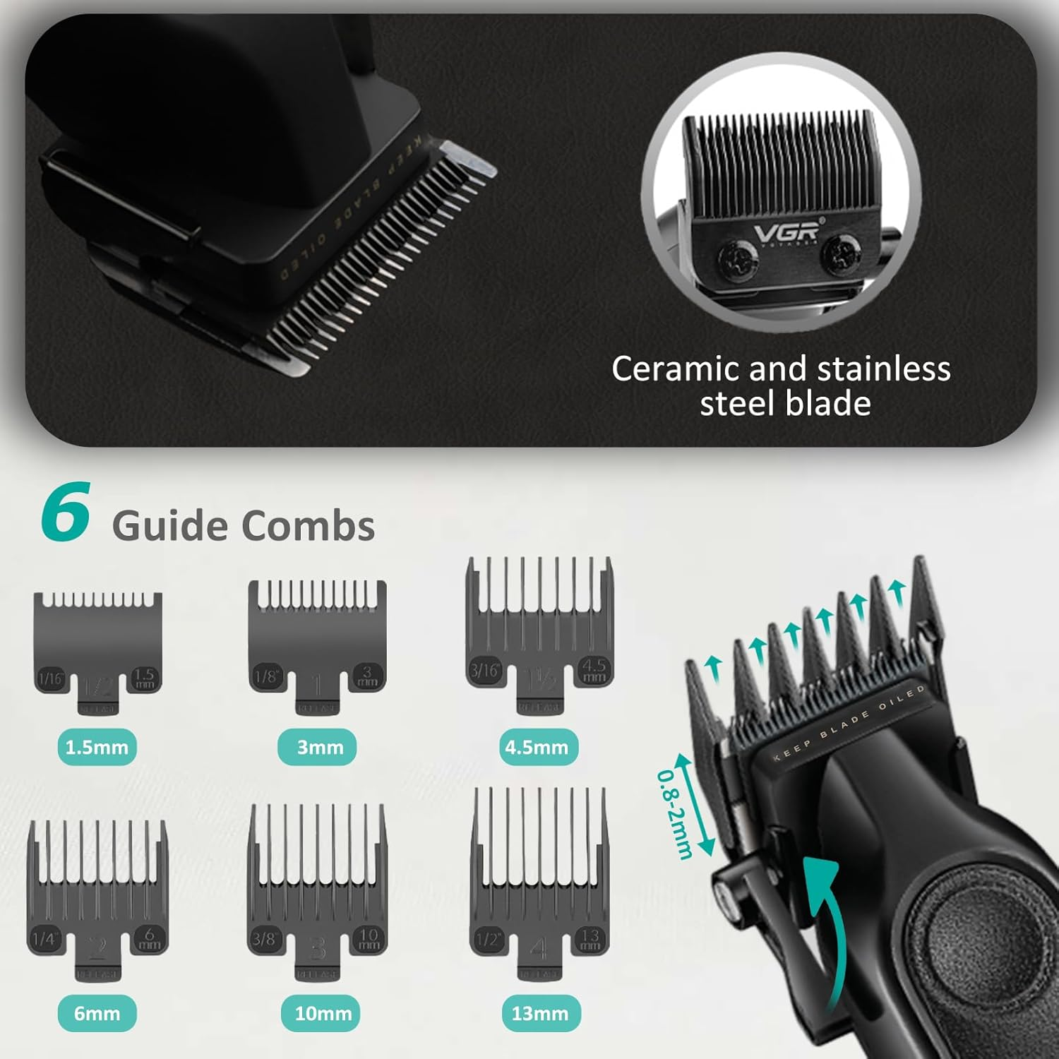 VGR 197 Professional Hair Clippers for Men, Cordless & Corded Barber Clippers with Ceramic Stainless Steel Blades, LED Indicator, Hair Cutting Kit with 6 Guide Combs & Grooming Accessories image number 5