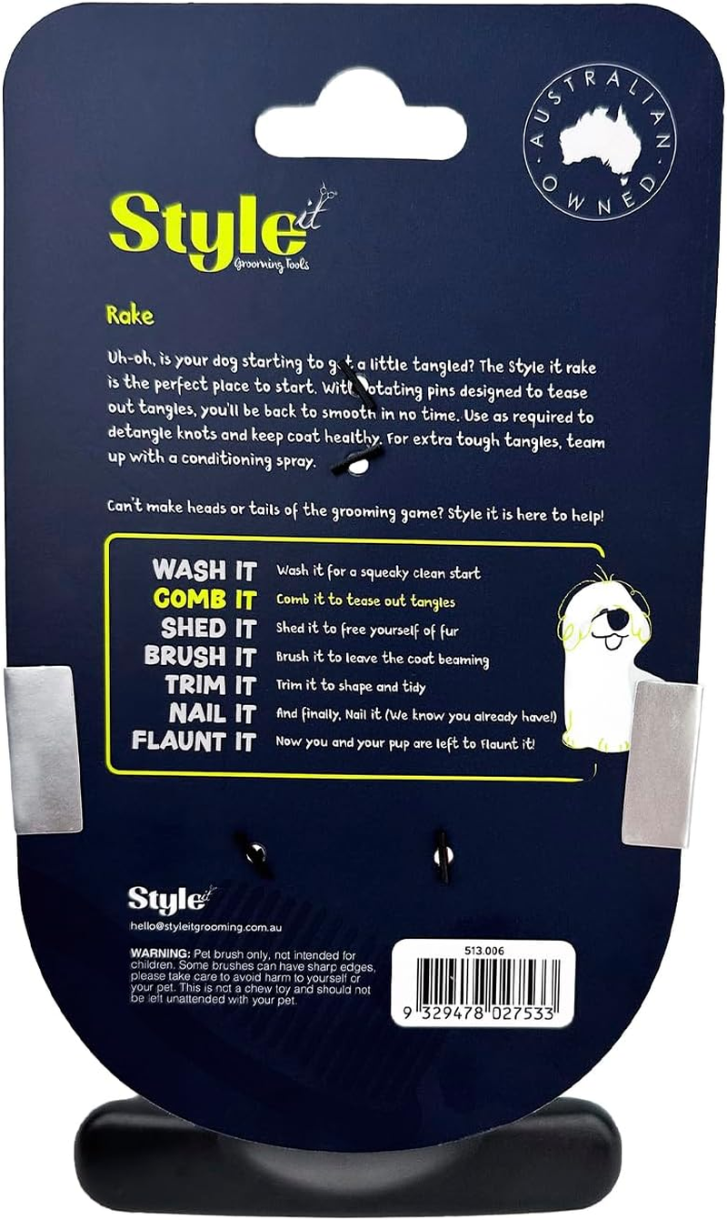 Style It Dog Grooming Rake - Gentle De-Tangling Tool for Medium & Long Hair, Perfect for De-Tangling Fur and Removing Mats, Rotating Pins Reduce Tugging & Skin Irritation image number 1